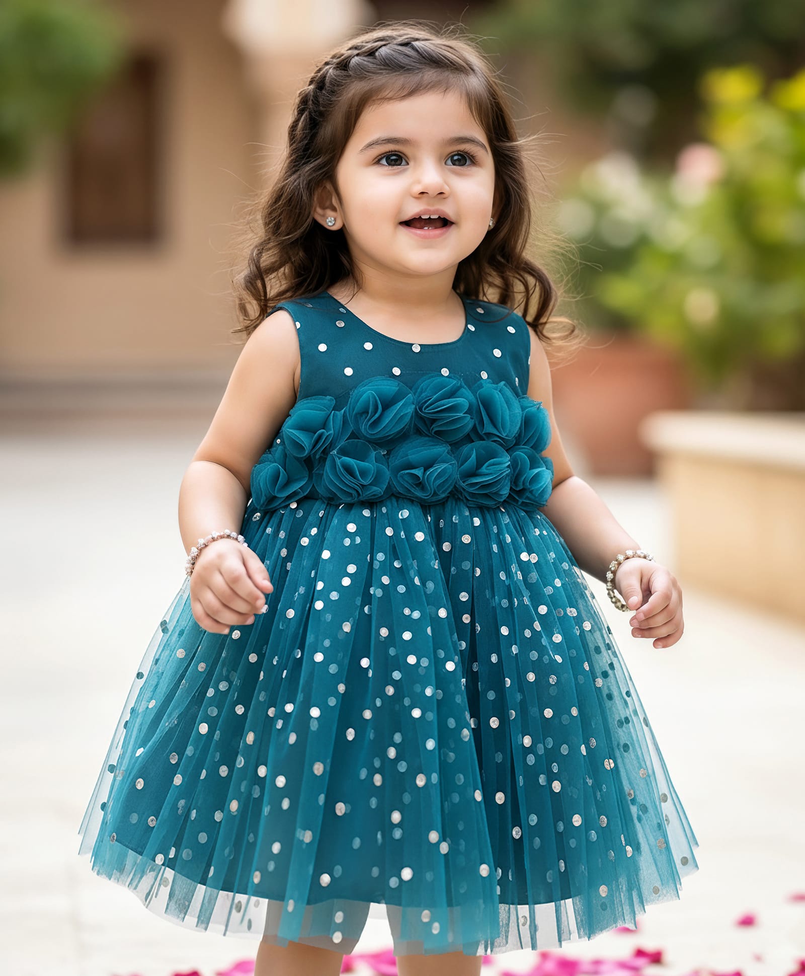 Babyhug Woven Sleeveless Fit & Flared Textured Foil Printed Party Dress with Floral Applique - Teal Blue-picture-30