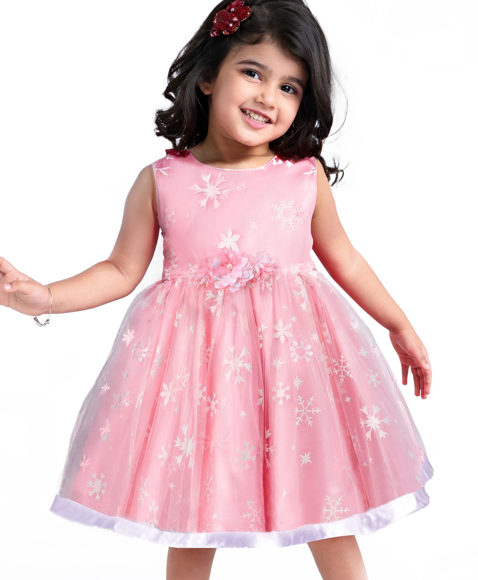 Babyhug Woven Sleeveless Fit & Flared Party Frock with Snowflake Foil Print- Light Red-image-10