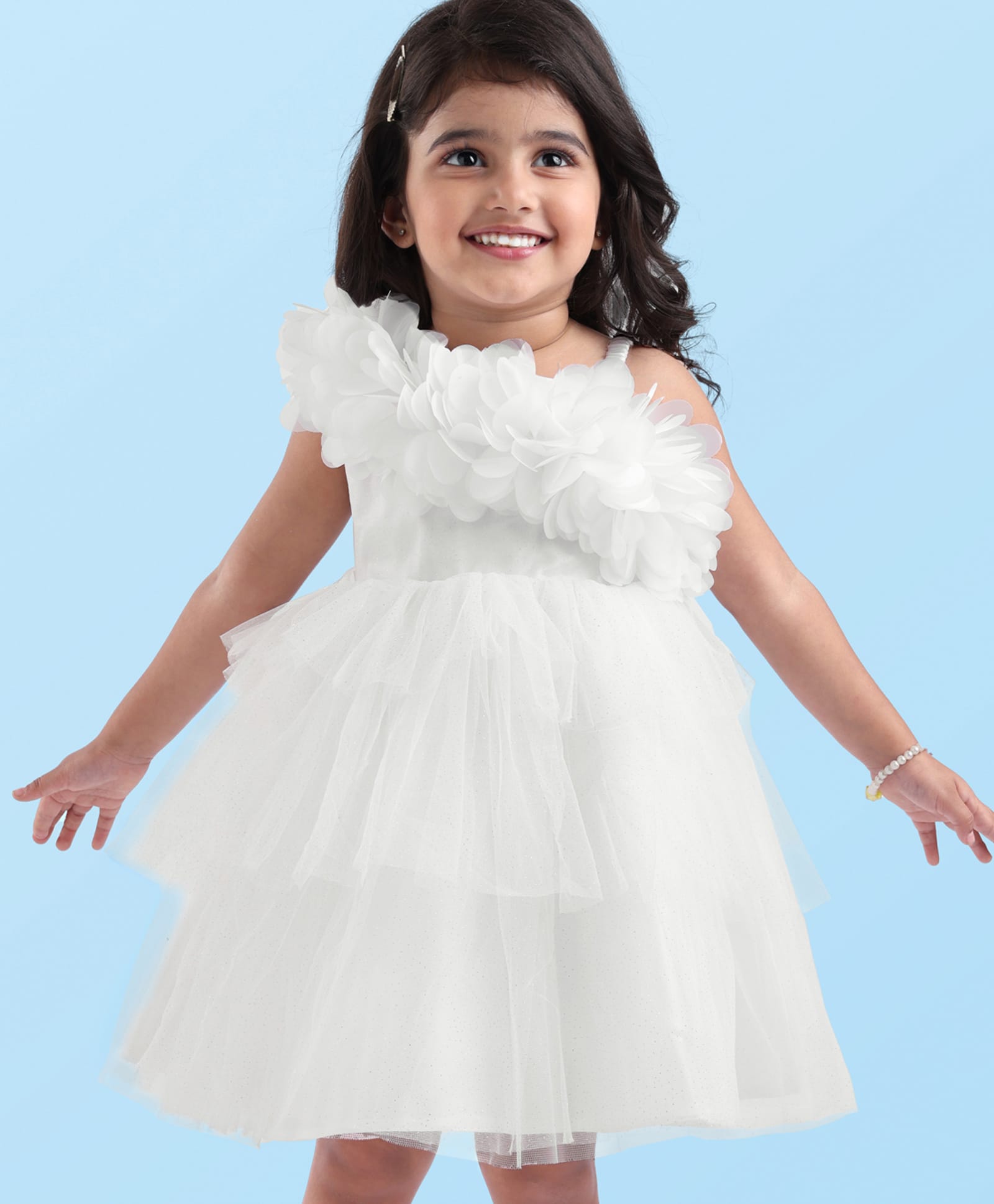 Babyhug Woven Sleeveless Party Frock With Floral Corsage & Ruffle Details - White-picture-26