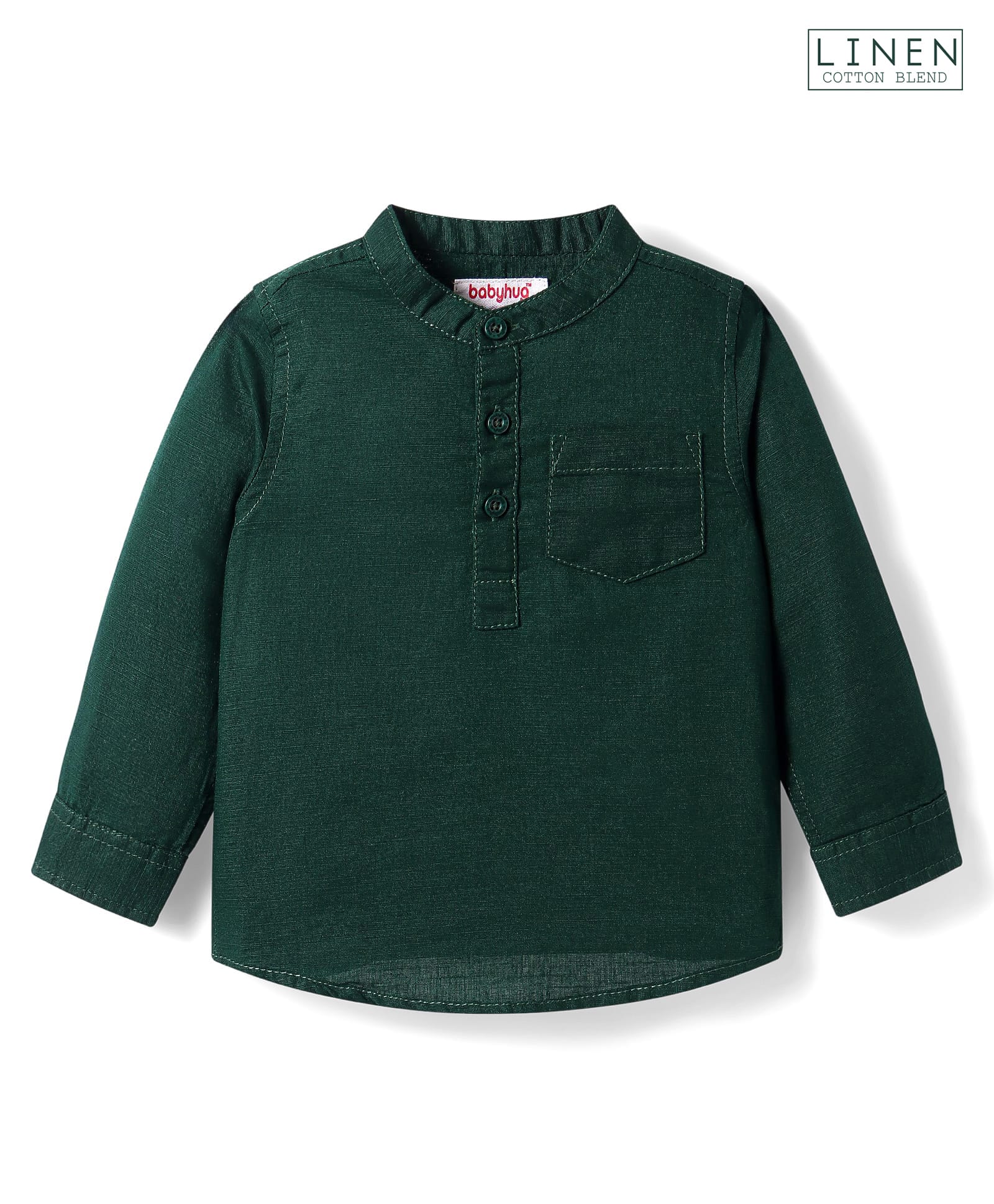 Babyhug Linen Full Sleeves Mandarin Collar Solid Colour Kurta Style Shirt - Dark Green-image-40
