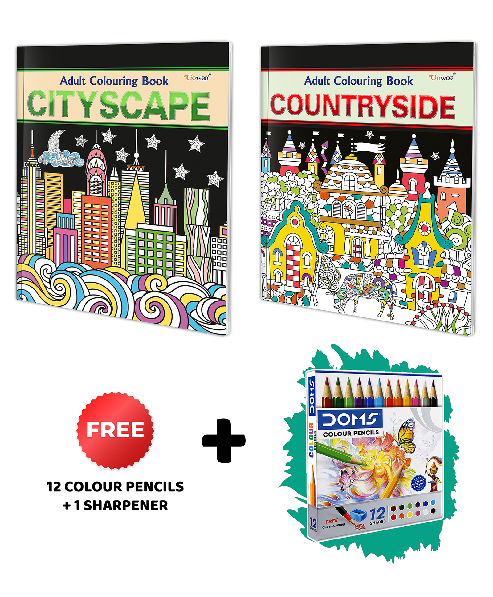 Cityscape and Countryside - Adult Colouring Book with 12 Colour Pencils + 1 Sharpener : Art Therapy Coloring Book, Creative Coloring Fun, Coloring kit for Adults | Pack of 2 Adult colouring books - English-image-22