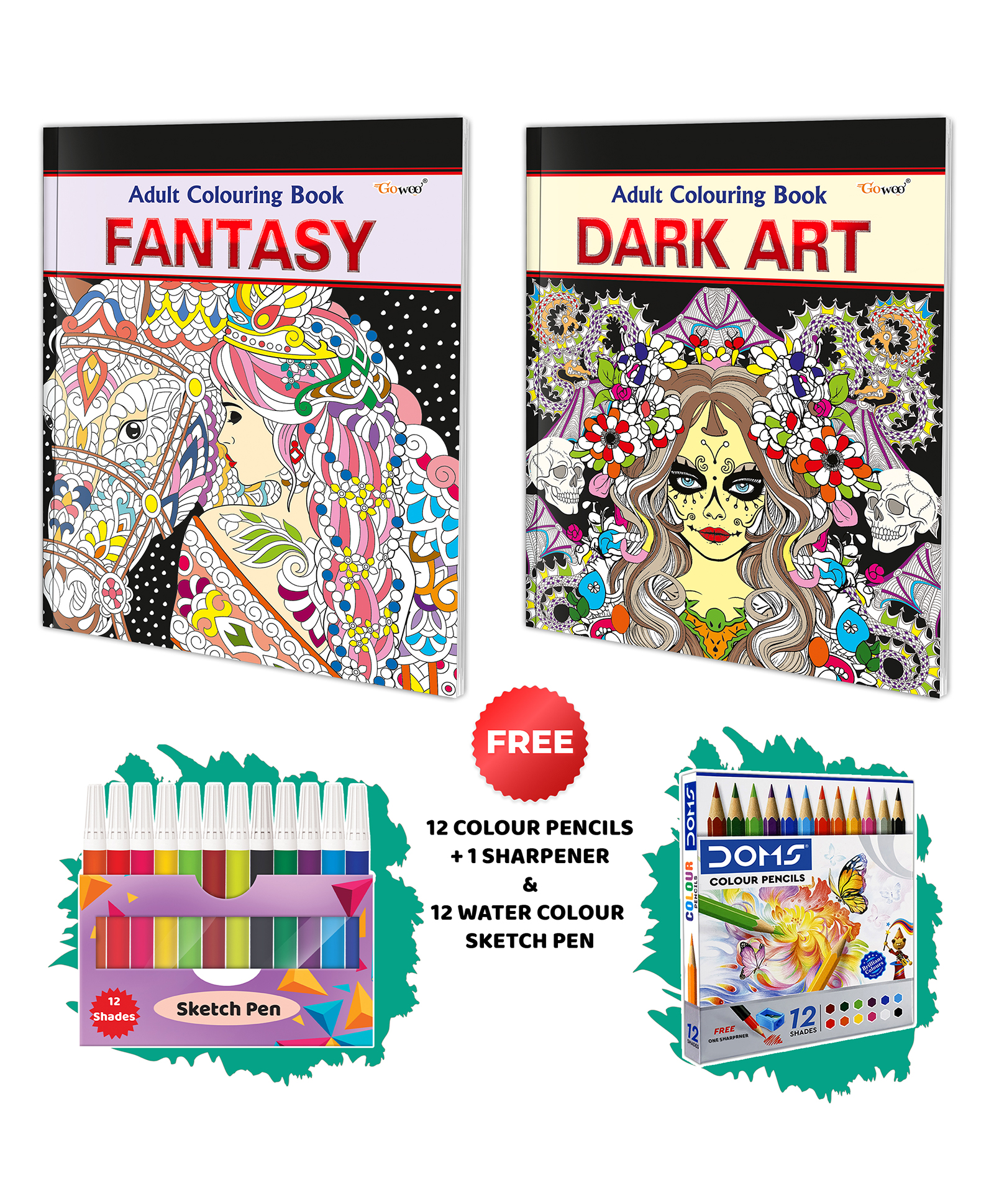 Fantasy and Dark Art - Adult Colouring Book with 12 Water Colour Sketch Pens & 12 Colour Pencils + 1 Sharpener : Art Colouring book for Adults, Adults colouring kit | Pack of 2 Adult colouring books -English-image-13