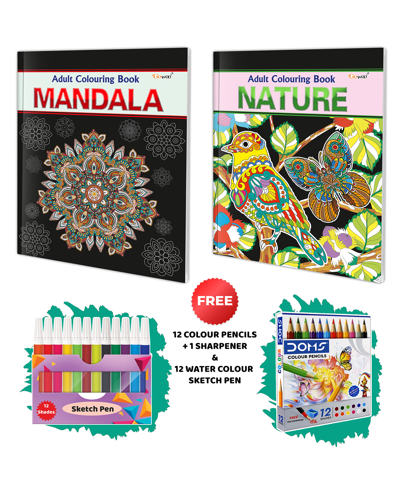 Mandala and Nature-Adult Colouring Book with 12 Water Colour Sketch Pens &12 Colour Pencils +1 Sharpener : Colouring book for Adults,Creative Coloring Fun,Adult Colouring Kit|Pack of 2 Colouring Books - English-image-4
