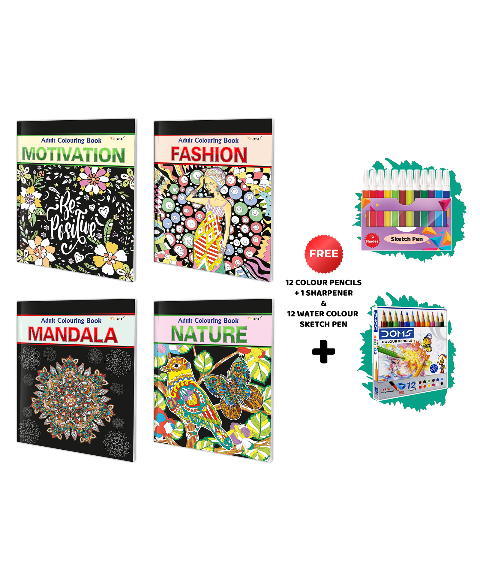 Motivation, Fashion, Mandala and Nature-Adult Colouring Book with 12 Water Colour Sketch Pens &12 Colour Pencils +1 Sharpener : Coloring Book for Adults,Adults Colouring Kit|Combo of 4 Colouring Books -English-image-36