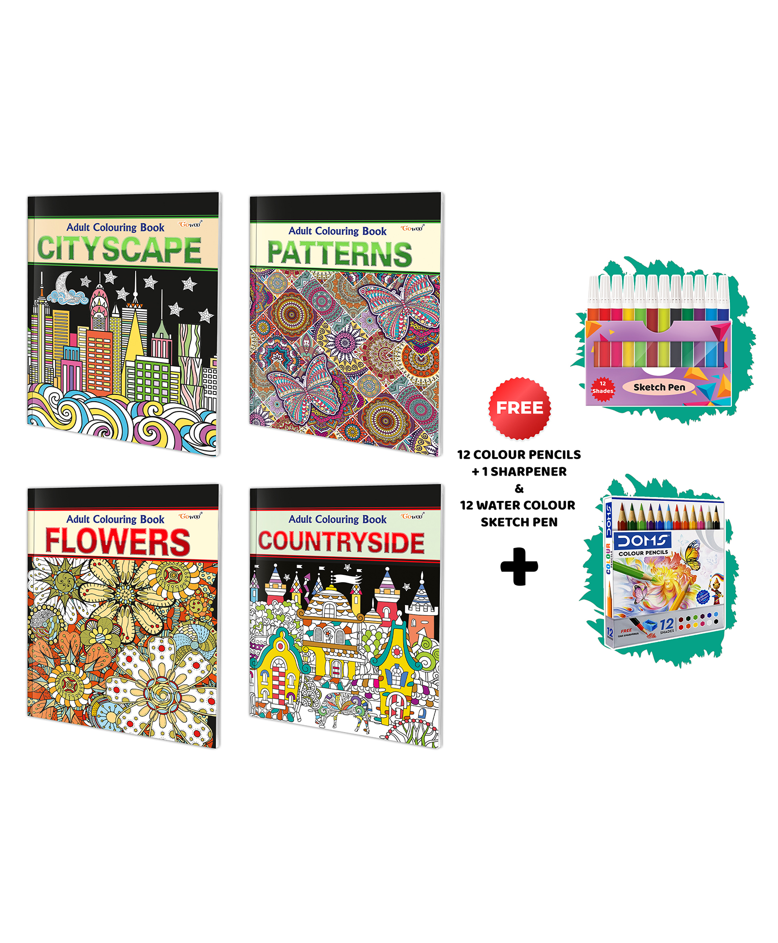 Cityscape, Patterns, Flowers and Countryside-Adult Colouring Book with 12 Water Colour Sketch Pens &12 Colour Pencils+1 Sharpener : Art Coloring Kit,Coloring Book for Adults|Combo of 4 Colouring Books -English-image-21