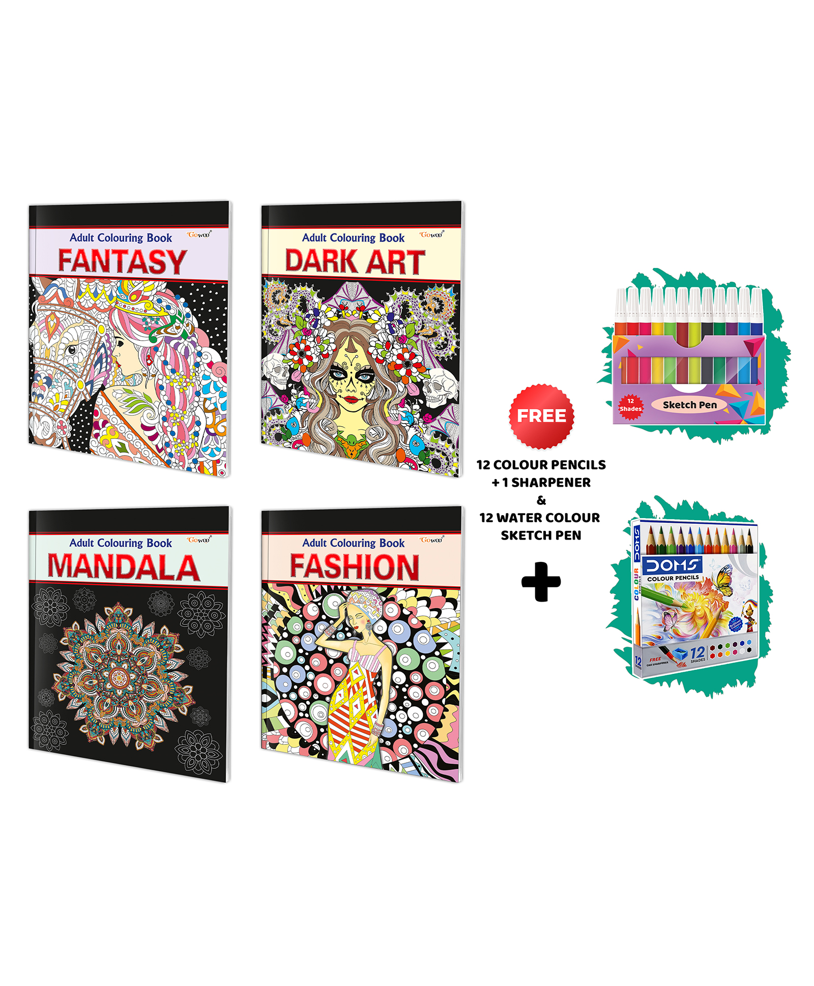 Fantasy, Dark Art, Mandala and Fashion-Adult Colouring Book with 12 Water Colour Sketch Pens  & 12 Colour Pencils + 1 Sharpener : Coloring Book for Adults, Art Colouring Kit |Pack of 4 Colouring Books-English-image-2
