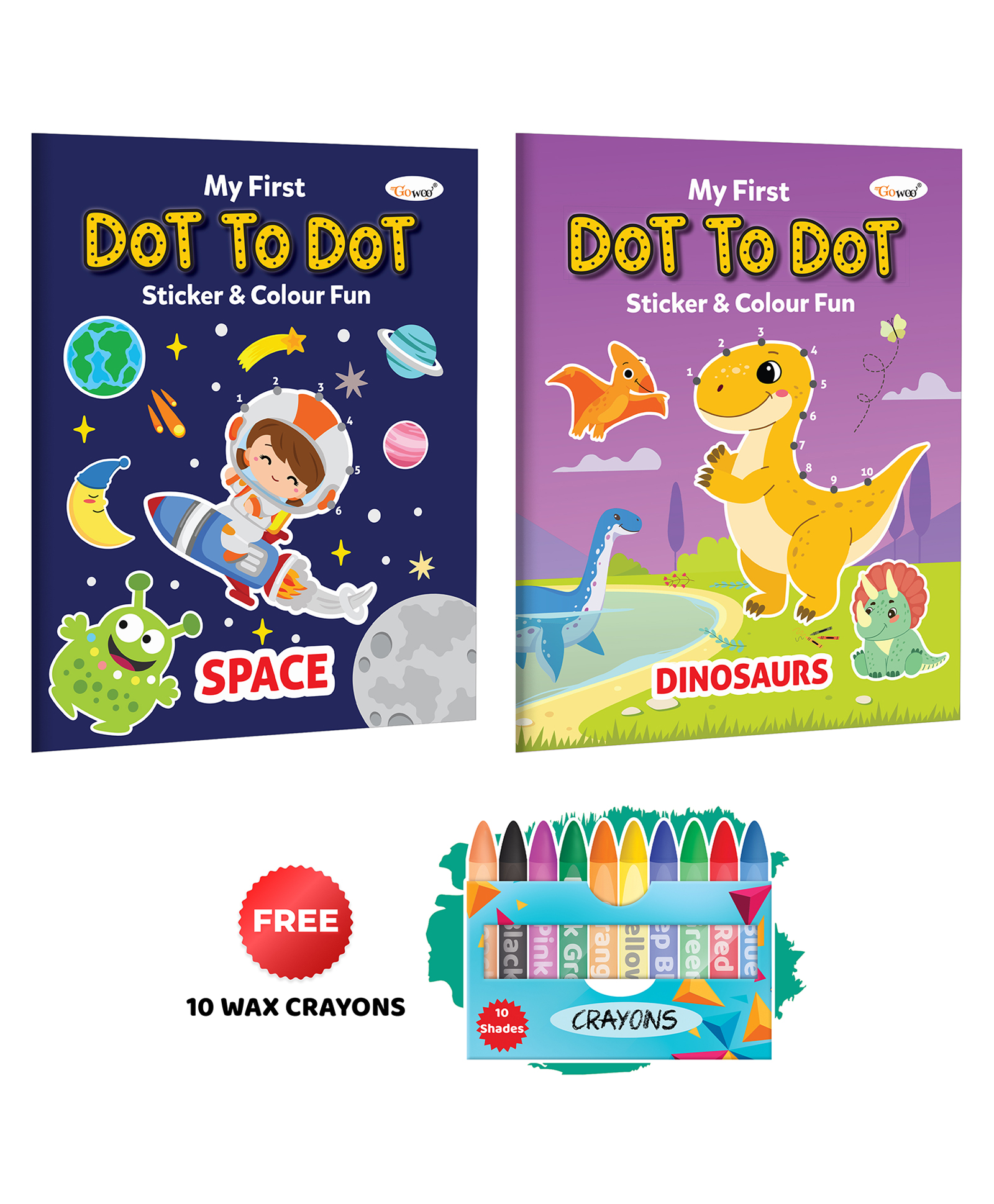 My first Dot to Dot Sticker & Colour Fun - Space and Dinosaurs with 10 Wax Crayons : Kids Colouring book, Kids Educational Coloring Book, Children Sticker and Coloring Book| Combo of 2 Colouring Books-image-21