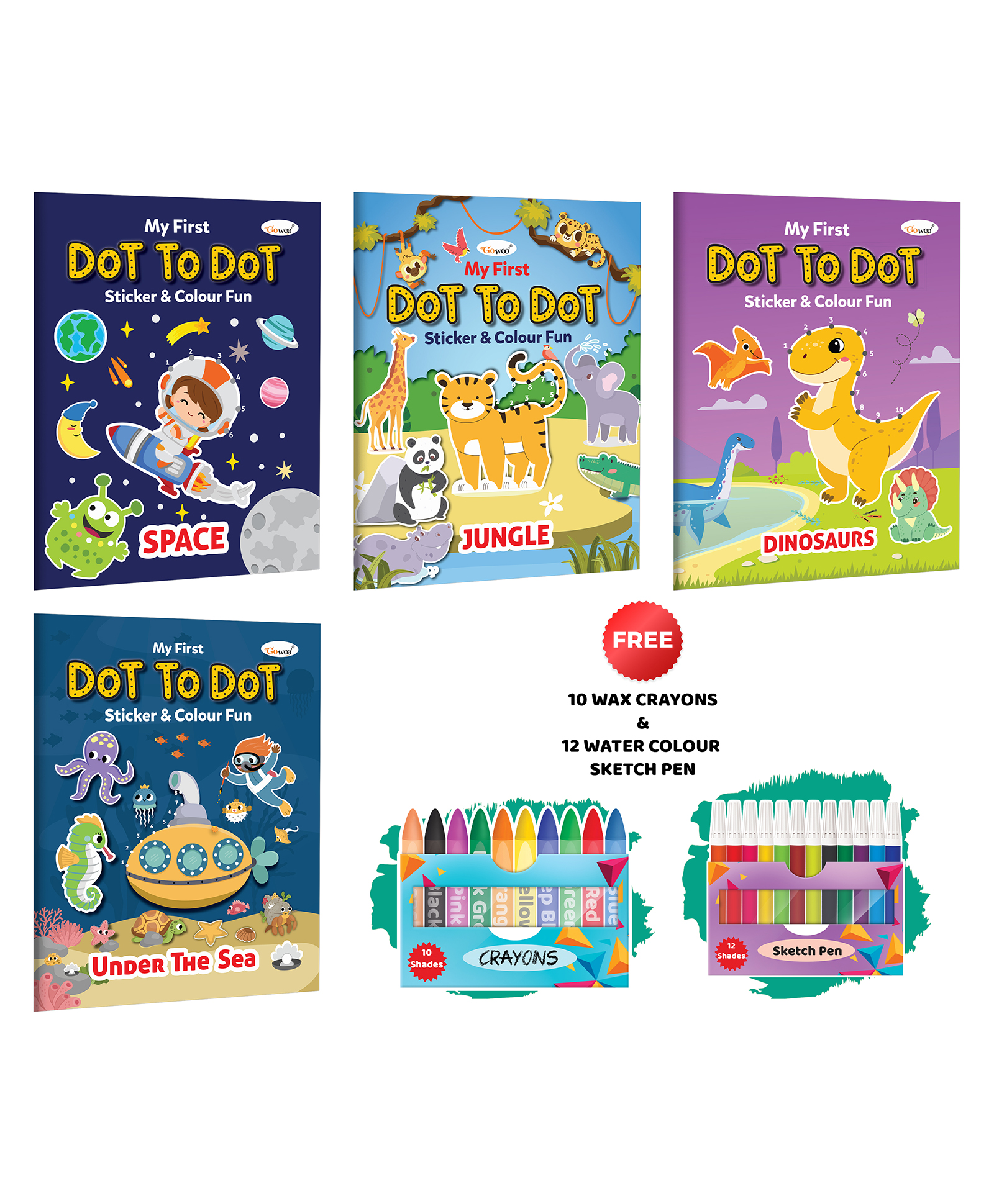 My first Dot to Dot Sticker&Colour Fun-Under the Sea, Jungle, Space and Dinosaurs with 10 wax crayons&12 Water colour sketch pen:Coluring book for kids,Sticker colouring Book|Pack of 4 Colouring Books-image-22