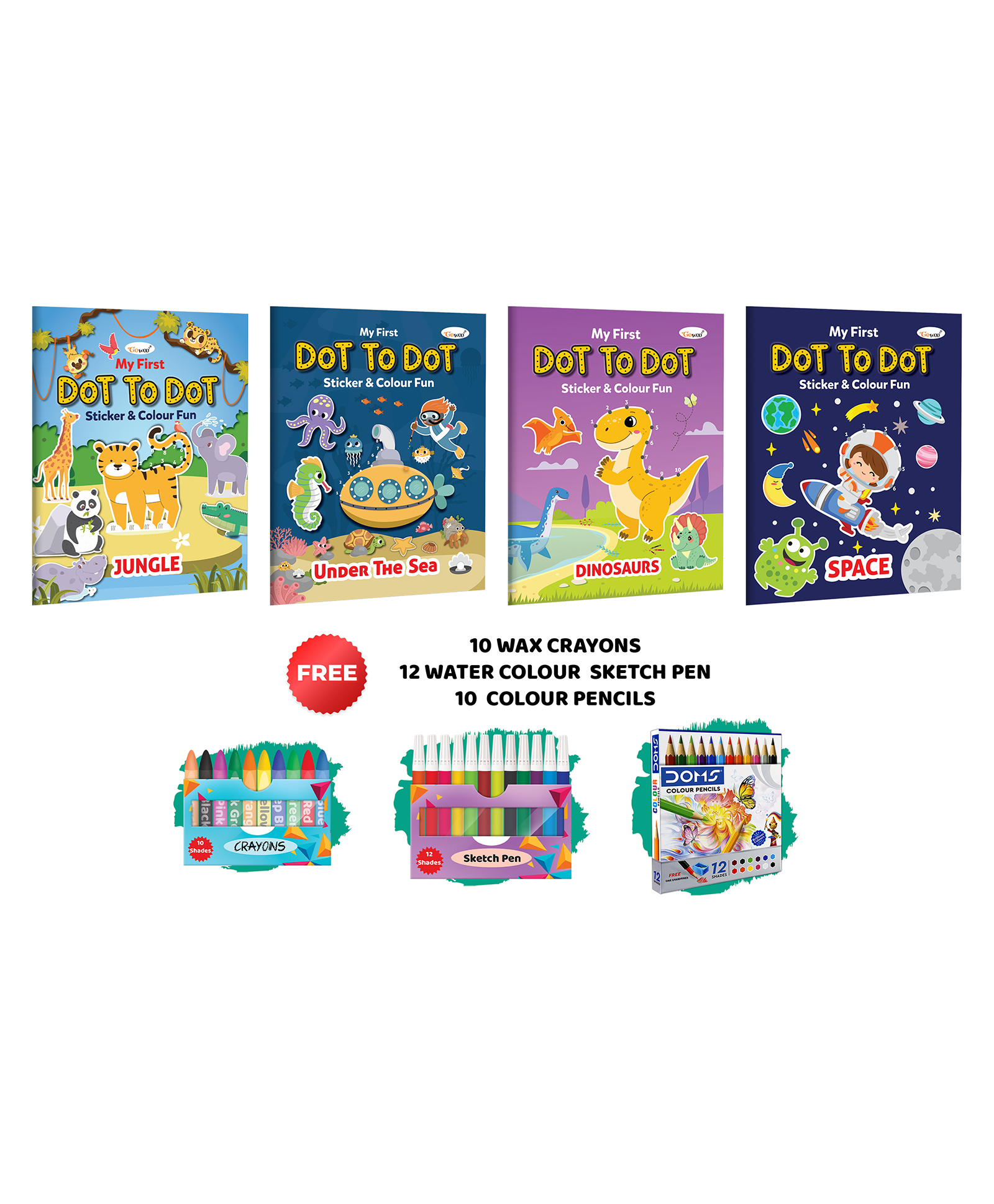 My first Dot to Dot Sticker & Colour Fun -Under the Sea, Jungle, Space and Dinosaurs with 10 Wax Crayons,12 Water Colour Sketch Pen &10 Colour Pencils:Children Coloring book|Combo of 4 Colouring Books-image-23