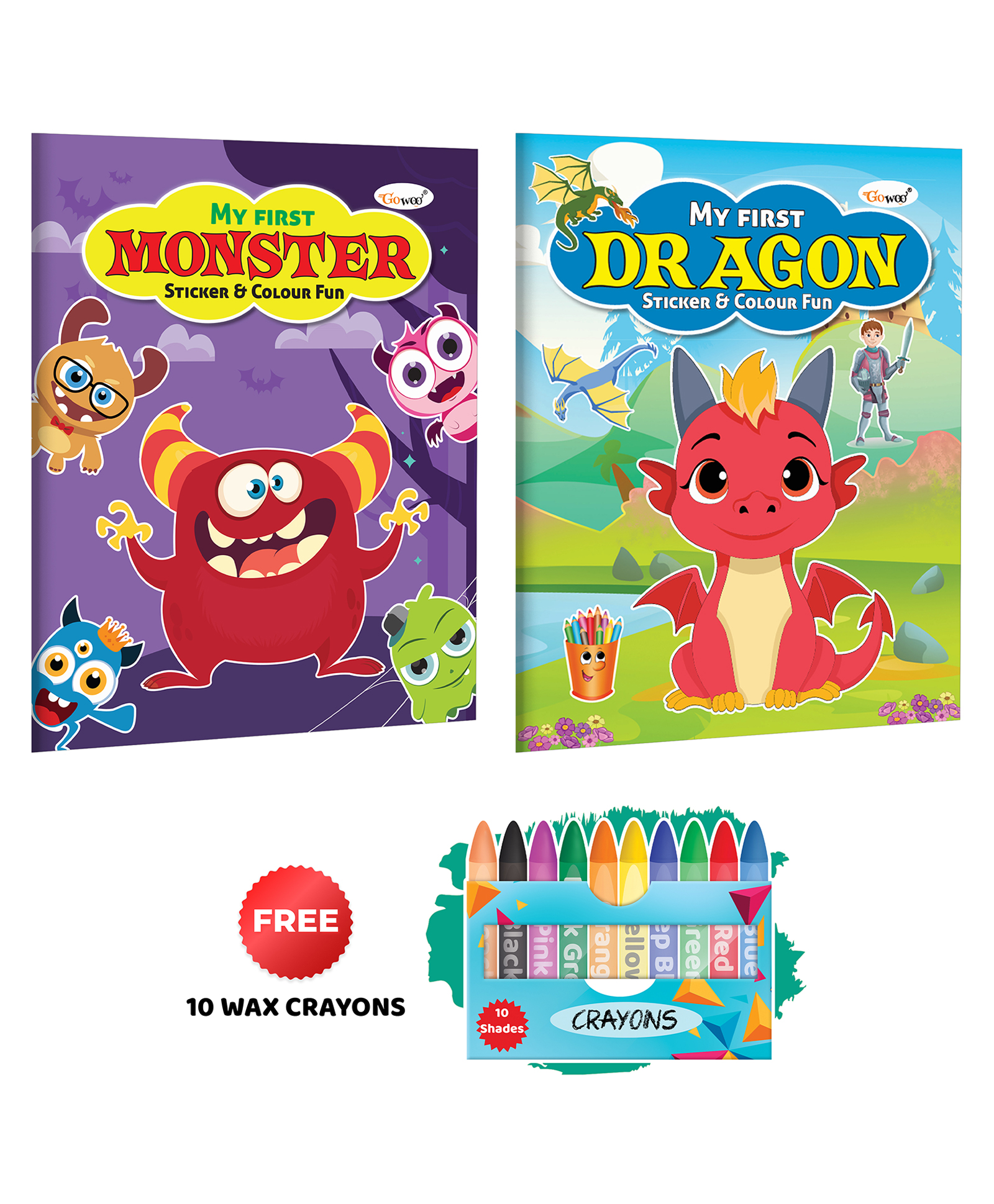 My First Monster and Dragon Sticker and Colour Fun with 10 Wax Crayons : Kids colouring book, Children Coloring with stickers, Colouring book for young kids | Pack of 2 Colouring Books-image-8