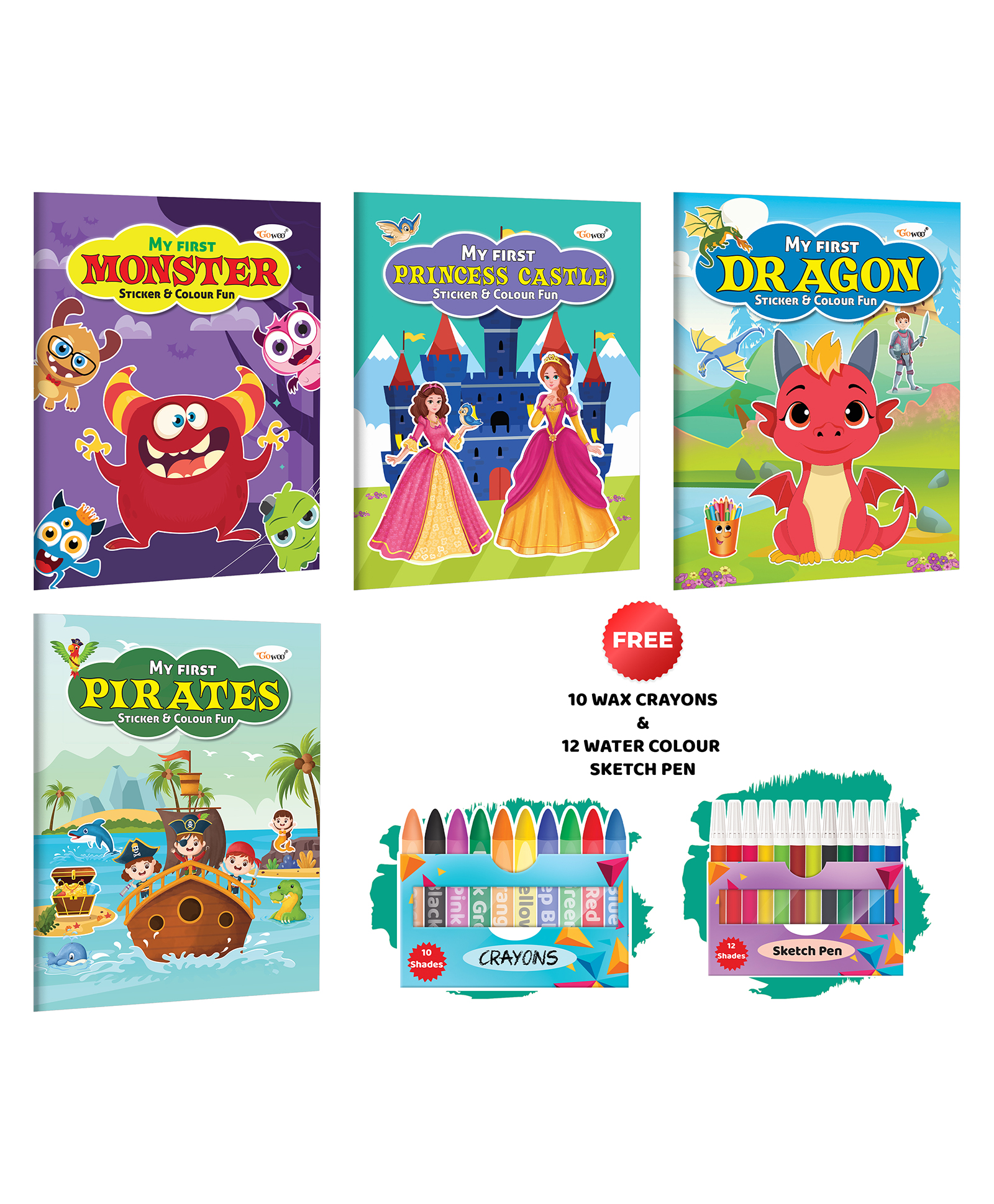My First Monster, Princess Castle, Dragon and Pirates Sticker and Colour Fun with 10 Wax Crayons&12 Water colour Sketch Pens:Kids colouring book, Coloring book with stickers|Combo of 4 Colouring Books-image-10