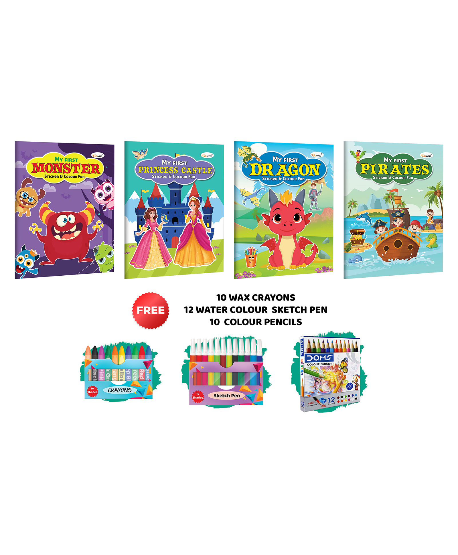 My First Monster, Princess Castle, Dragon and Pirates Sticker and Colour Fun with 10 Wax Crayons,12 Water colour Sketch Pen &10 Colour Pencils:Kids Coloring and Sticker Book|Combo of 4 Colouring Books-image-31