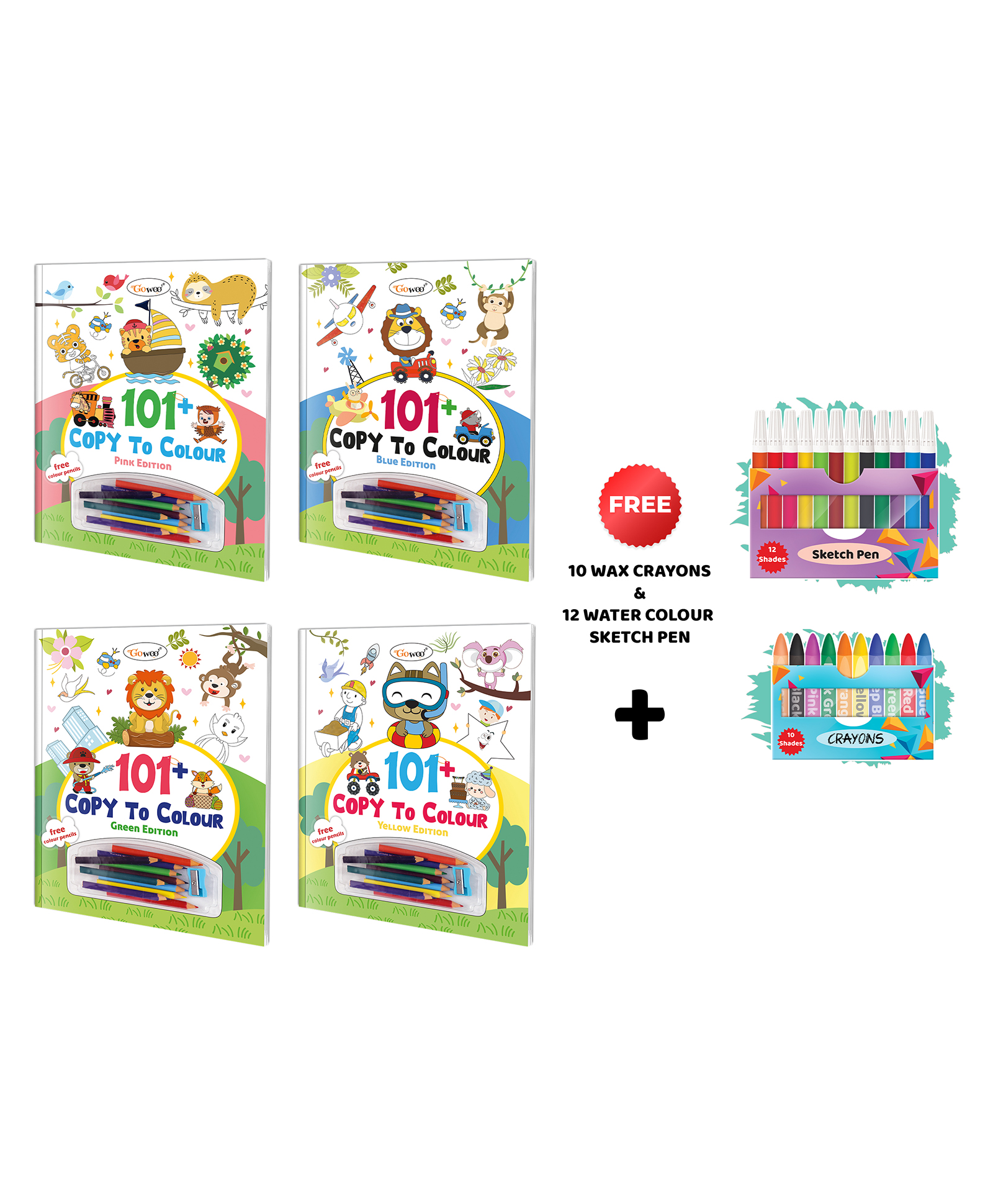 Gowoo 101+ Copy to Colour - Pink, Blue, Green and Yellow Edition with 10 Wax Crayons & 12 Water Colour Sketch Pen : Educational Coloring Fun, Kids Copy and Color Art Book | Pack of 4 Copy to Colour Books-image-12