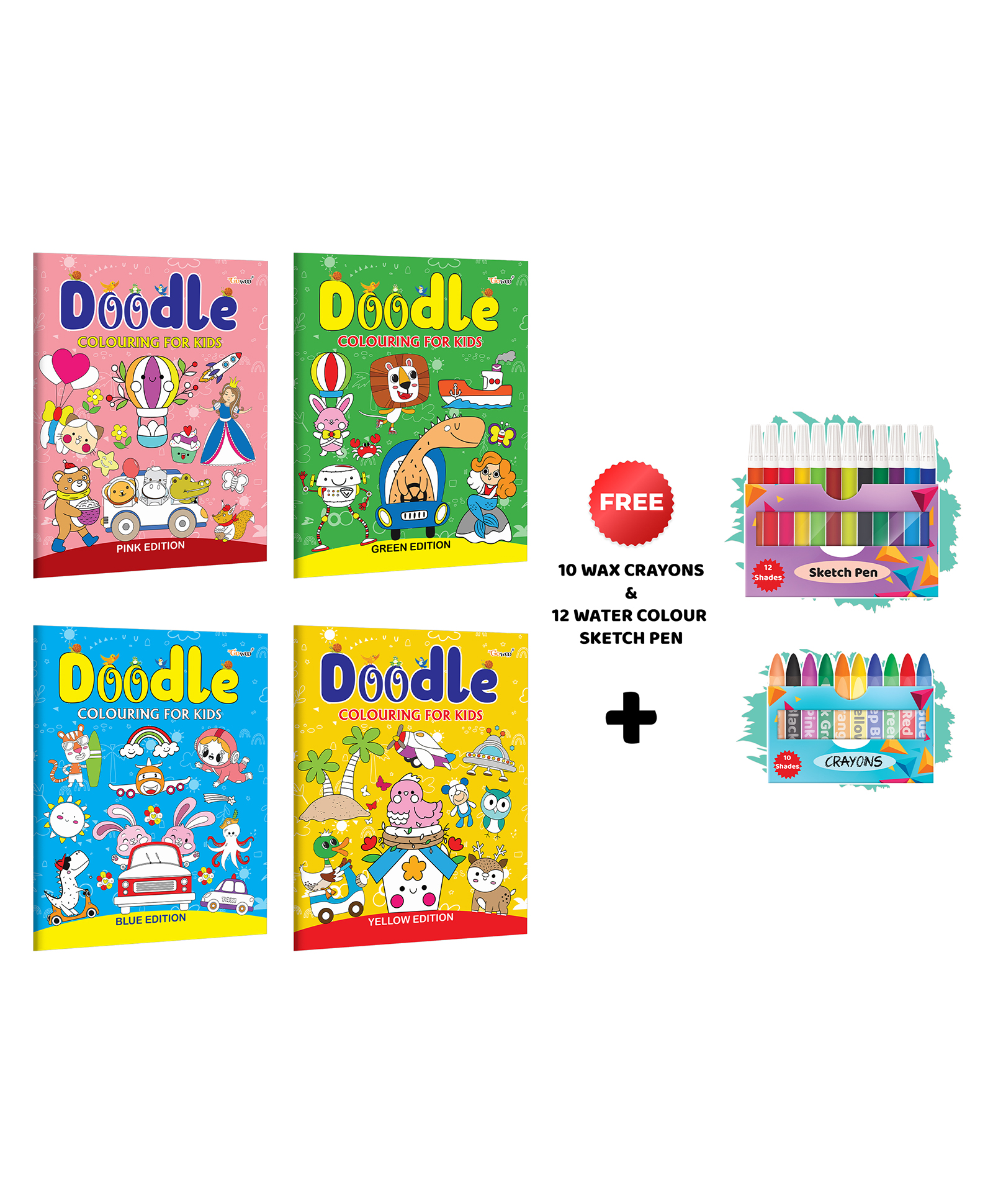 Doodle Colouring for kids - Blue, Pink, Yellow and Green Edition with 10 Wax Crayons & 12 Water Colour Sketch Pen : Colouring book for kids, Creative Coloring for Young Minds|Pack of 4 Colouring Books -English-image-9