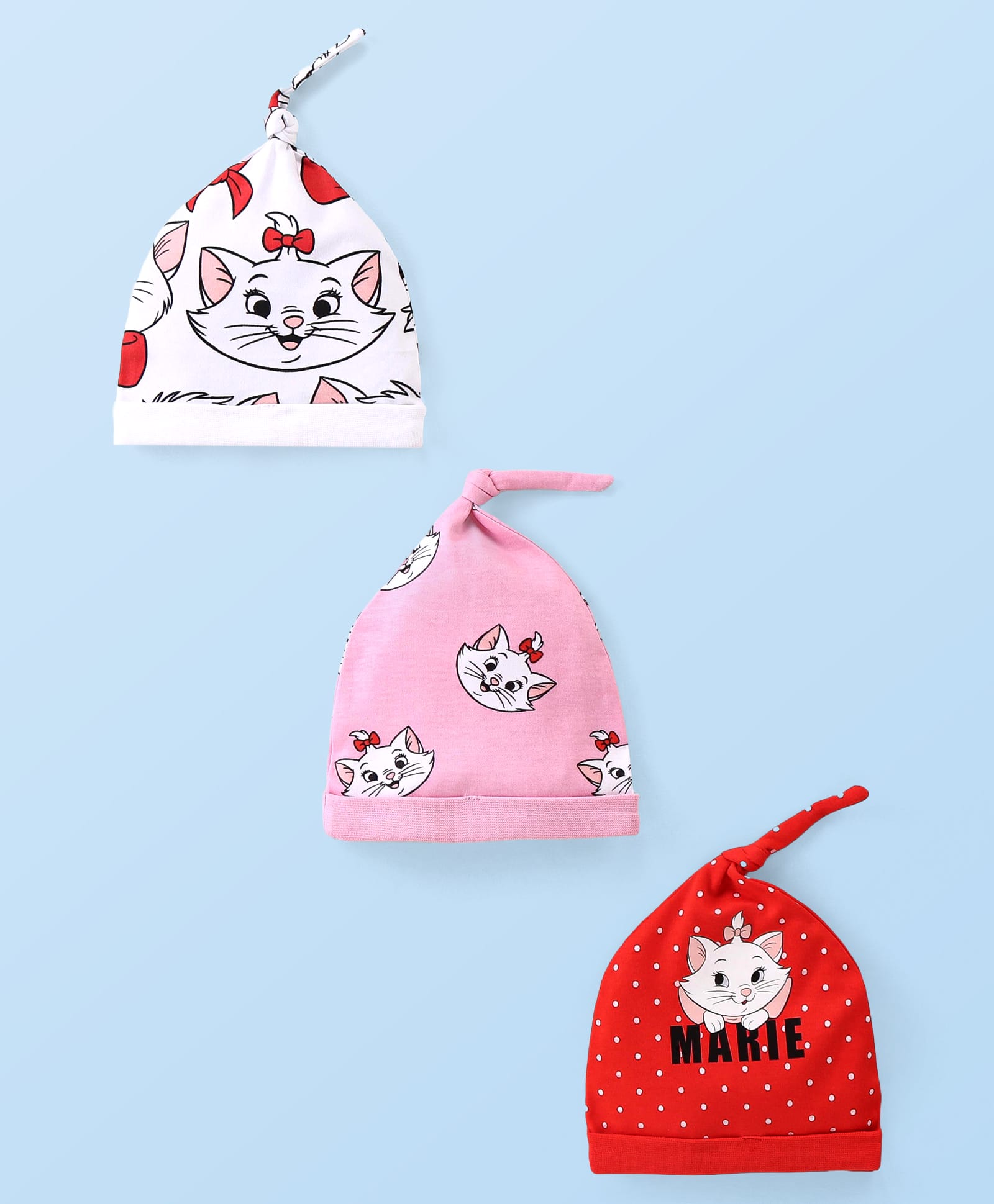 babyhug disney Babyhug Disney Caps Aristocats Marie Graphic With Knot Detailing Pack of 3 - Pink Red & White-picture-18
