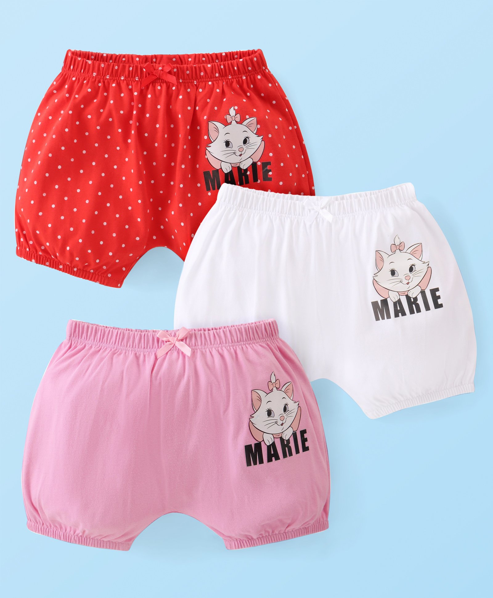 Babyhug Disney Cotton Knit Aristocats Marie Graphic & Bow Detailing Bloomers Pack of 3 - White Red & Pink-image-26