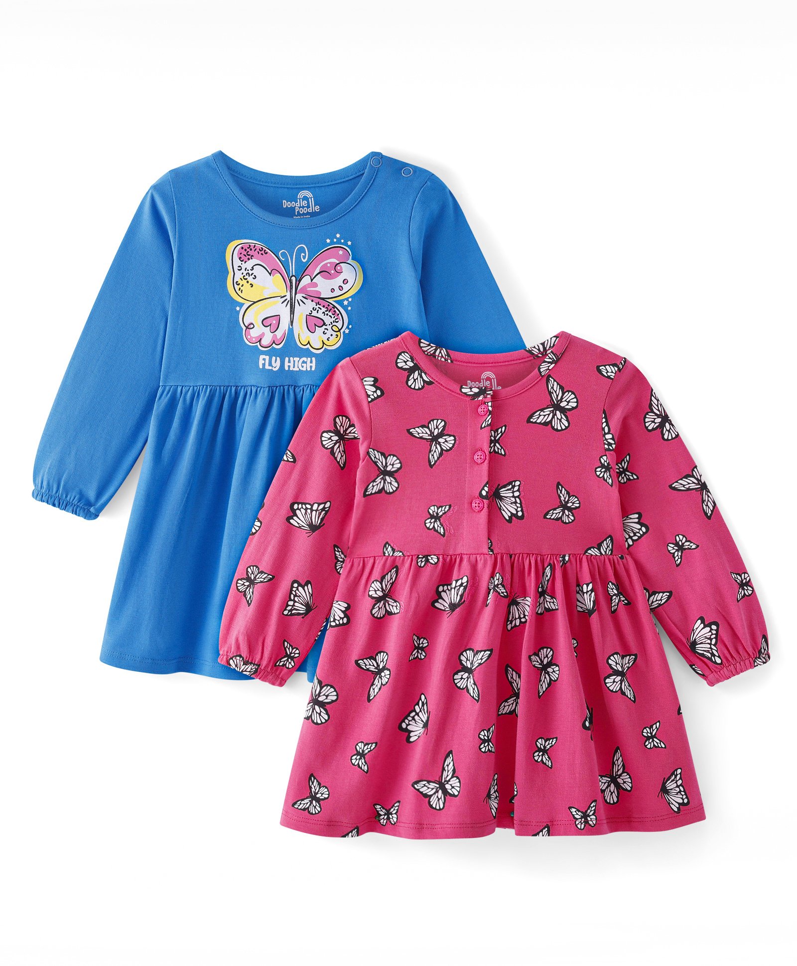 Doodle Poodle Cotton Knit Full Sleeves Frock With Butterfly Print Pack Of 2 - Blue & Pink-picture-25
