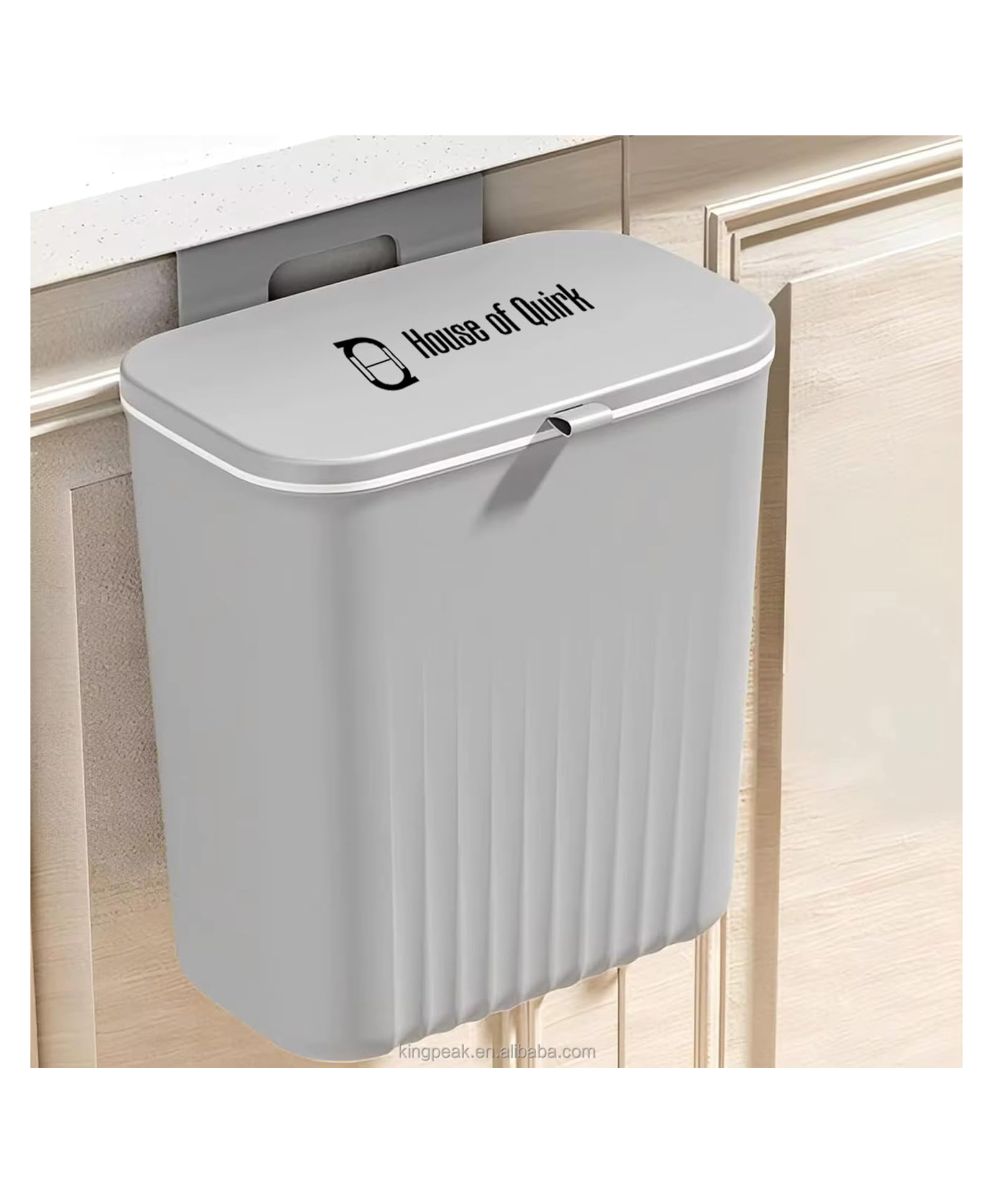 House of Quirk Hanging Kitchen Trash Can With Lid 9 Litre Double-Sided Open Lid Design Kitchen Trash Can Kitchen Cabinet Door Hanging Wall Storage Bucket-Grey-image-33