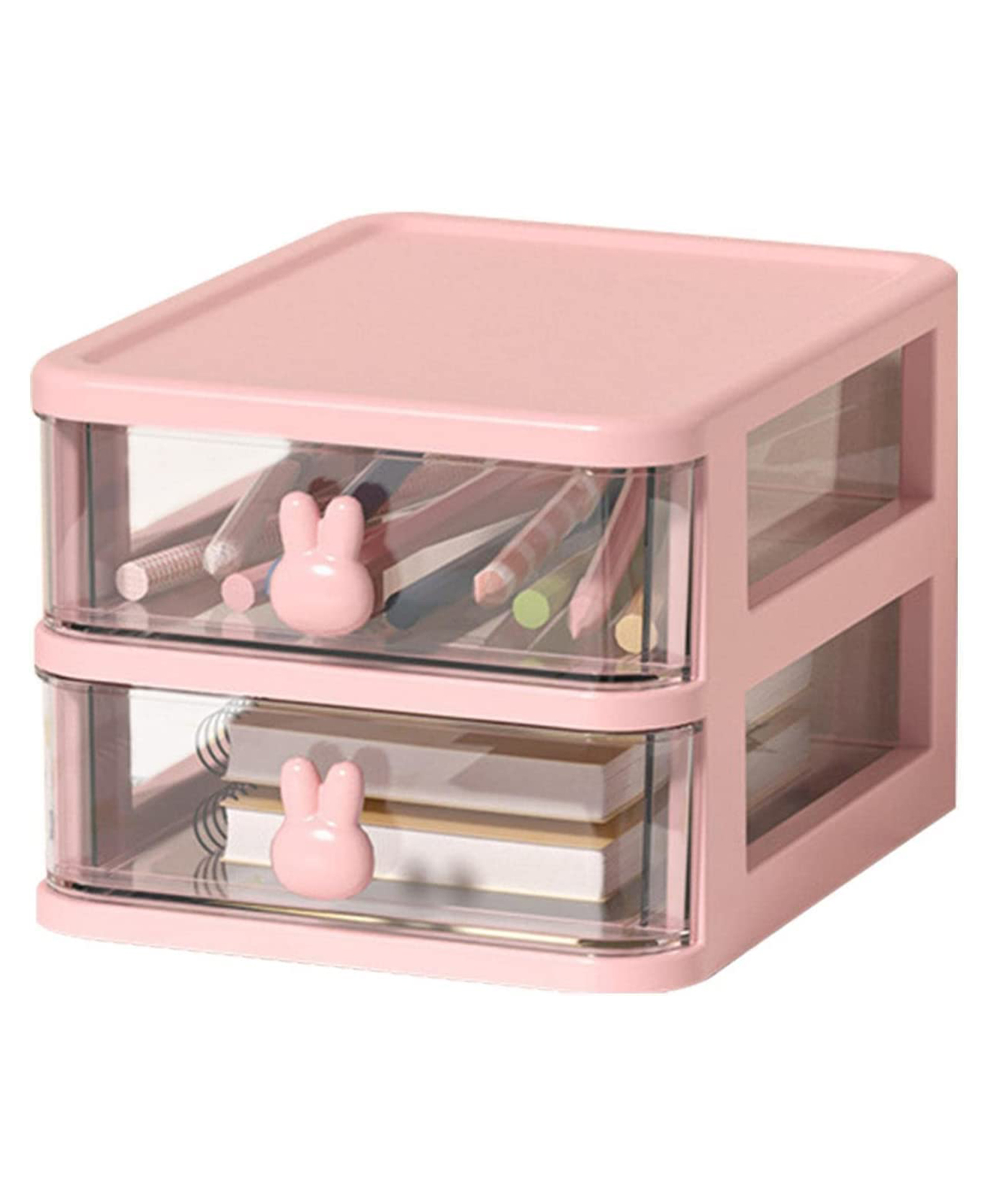House of Quirk 2 Tier Transparent Cosmetic Jewelry Box Office Desktop Drawer Storage Box Plastic Multi Layer Small Storage Box-Pink-picture-30