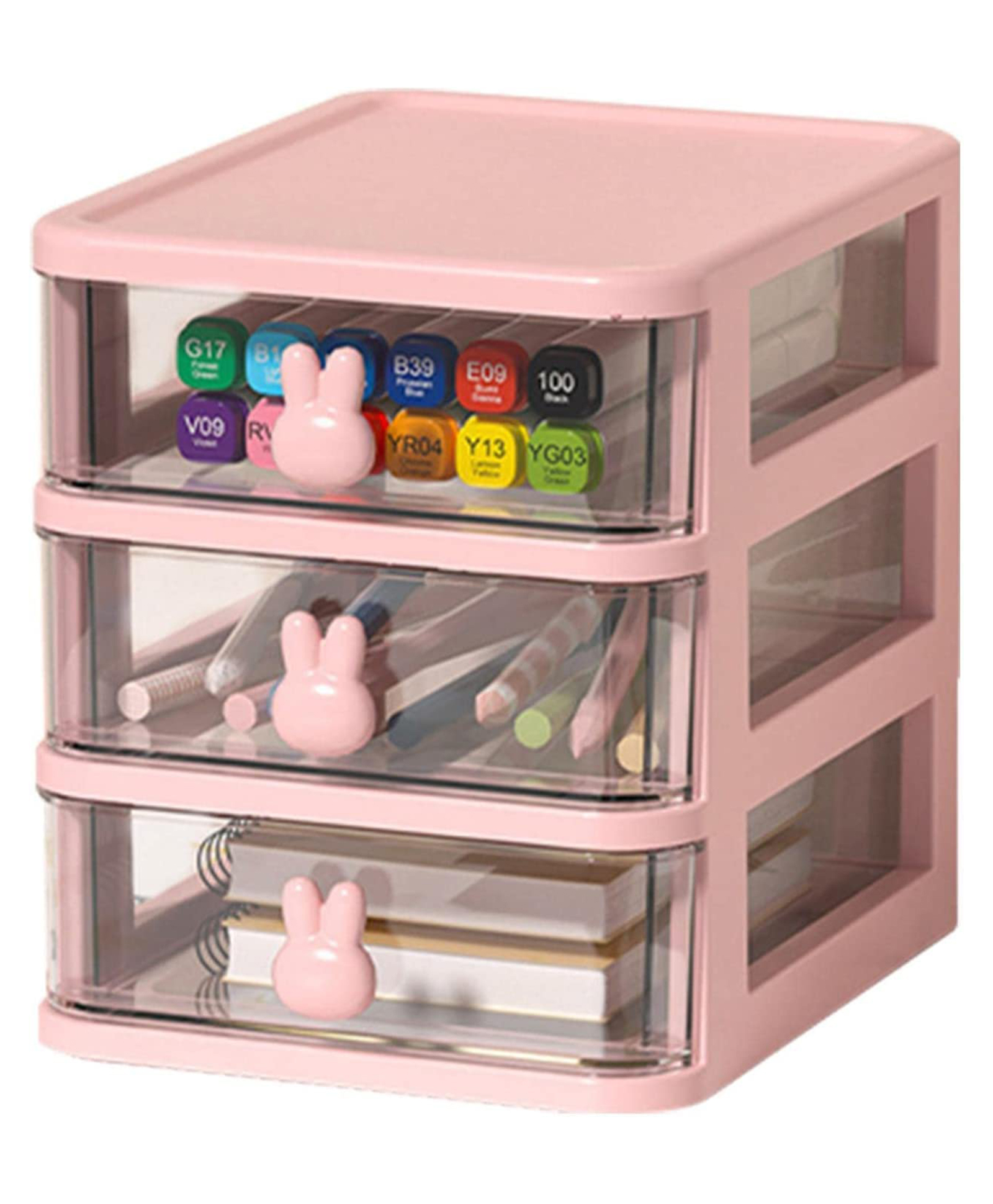 House of Quirk 3 Tier Transparent Cosmetic Jewelry Box Office Desktop Drawer Storage Box Plastic Multi Layer Small Storage Box-Pink-picture-15