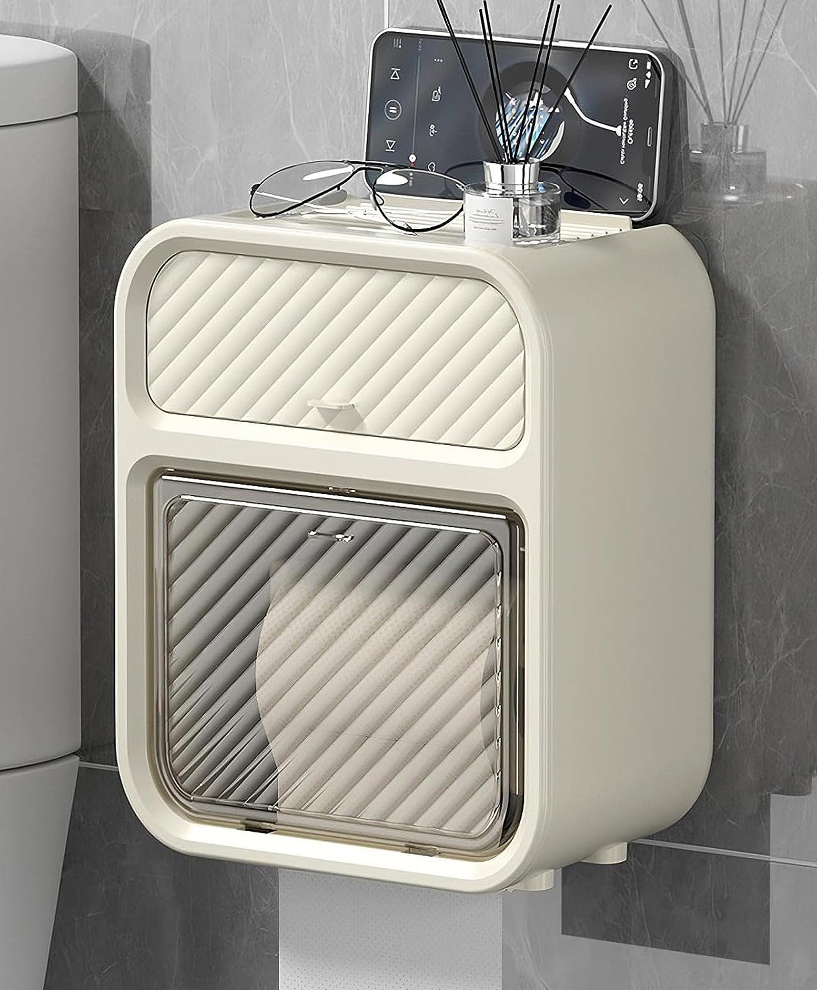 House of Quirk Punch Free Paper Holder Wall Mounted Toilet Toilet Paper Box Tissue Box Hand Carton Storage Rack Paper Extraction Box Light Luxury-Beige-image-47