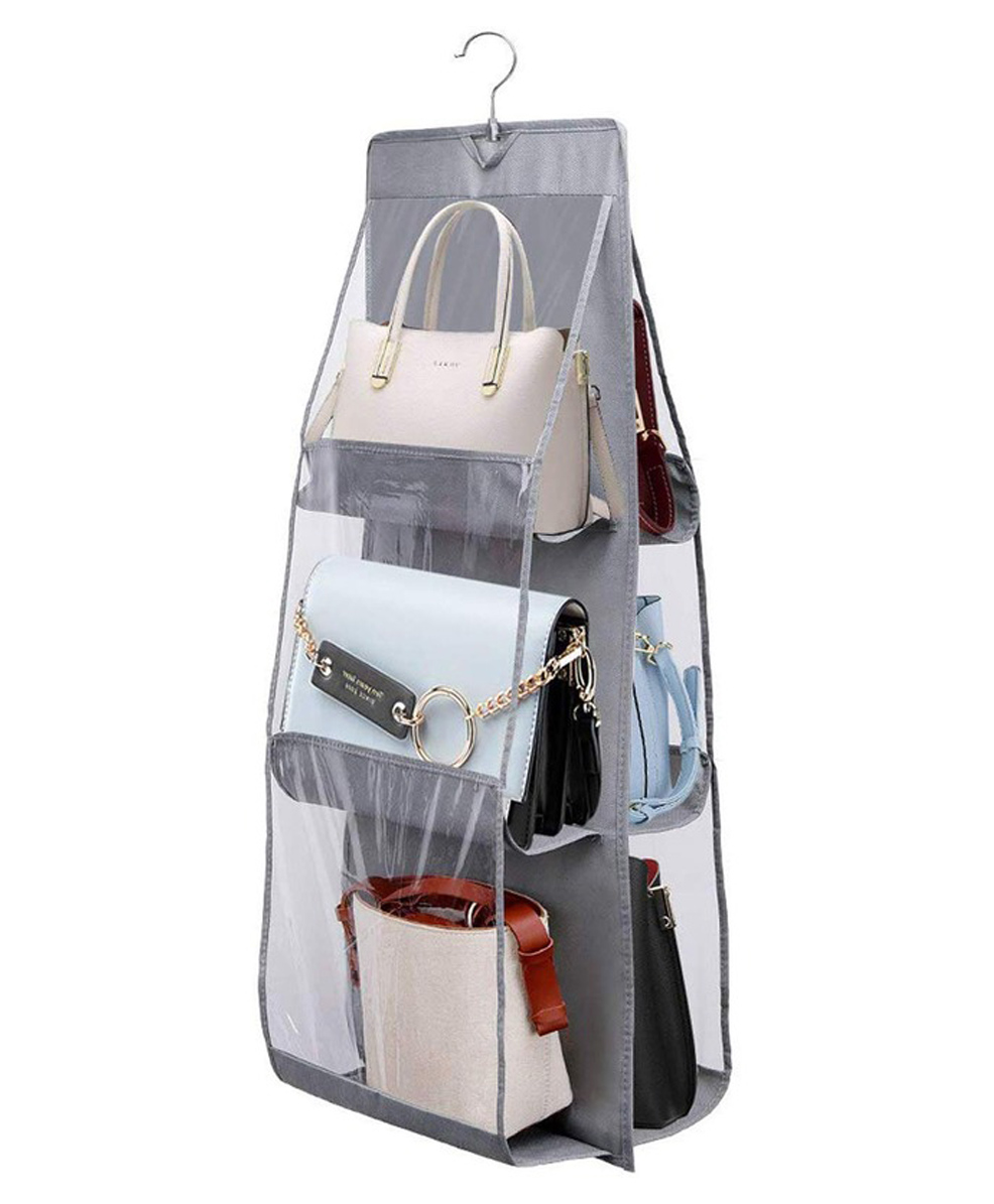 House of Quirk Hanging Handbag Organizer Dust Proof Storage Holder Bag Wardrobe Closet for Purse Clutch with 6 Pockets-Grey-image-18