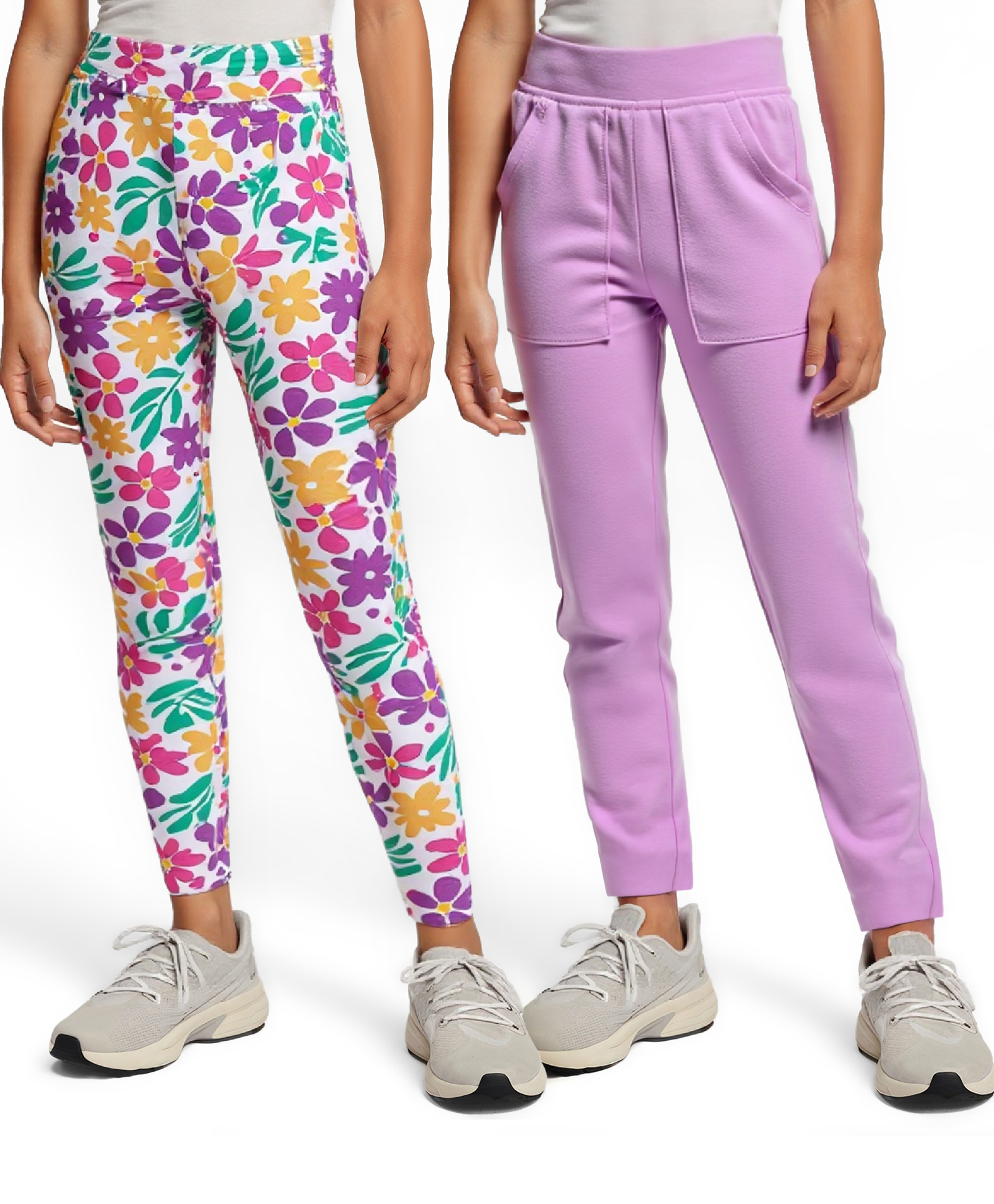 Honeyhap Premium Single Jersey Knit Full Length Bio Finish Leggings with Floral Print Pack of 2 - Violet Tulip & Bright White-image-1
