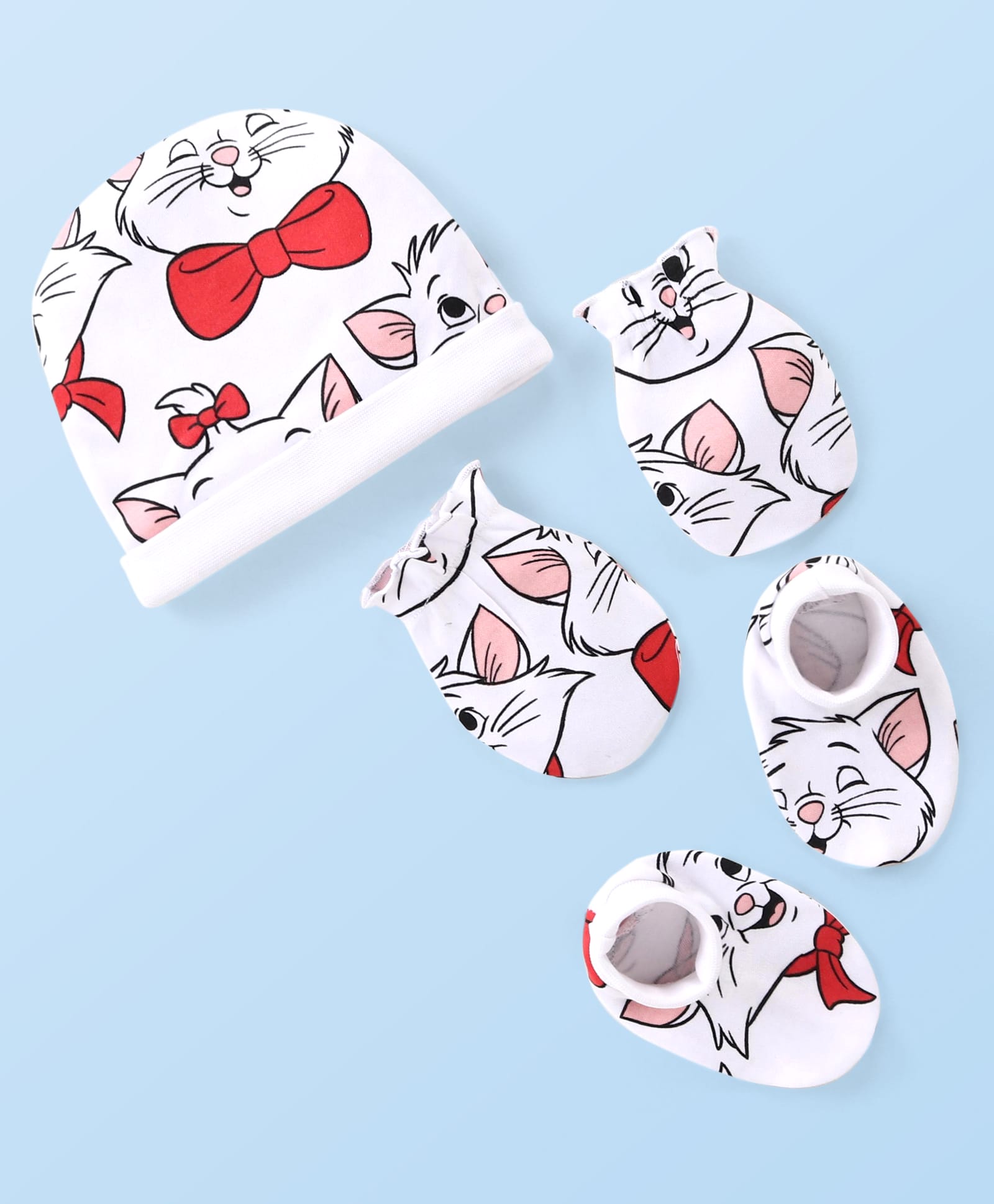 Babyhug Disney Interlock Knit Cap Mittens & Booties Set with Aristocats Marie Graphics - White-image-49
