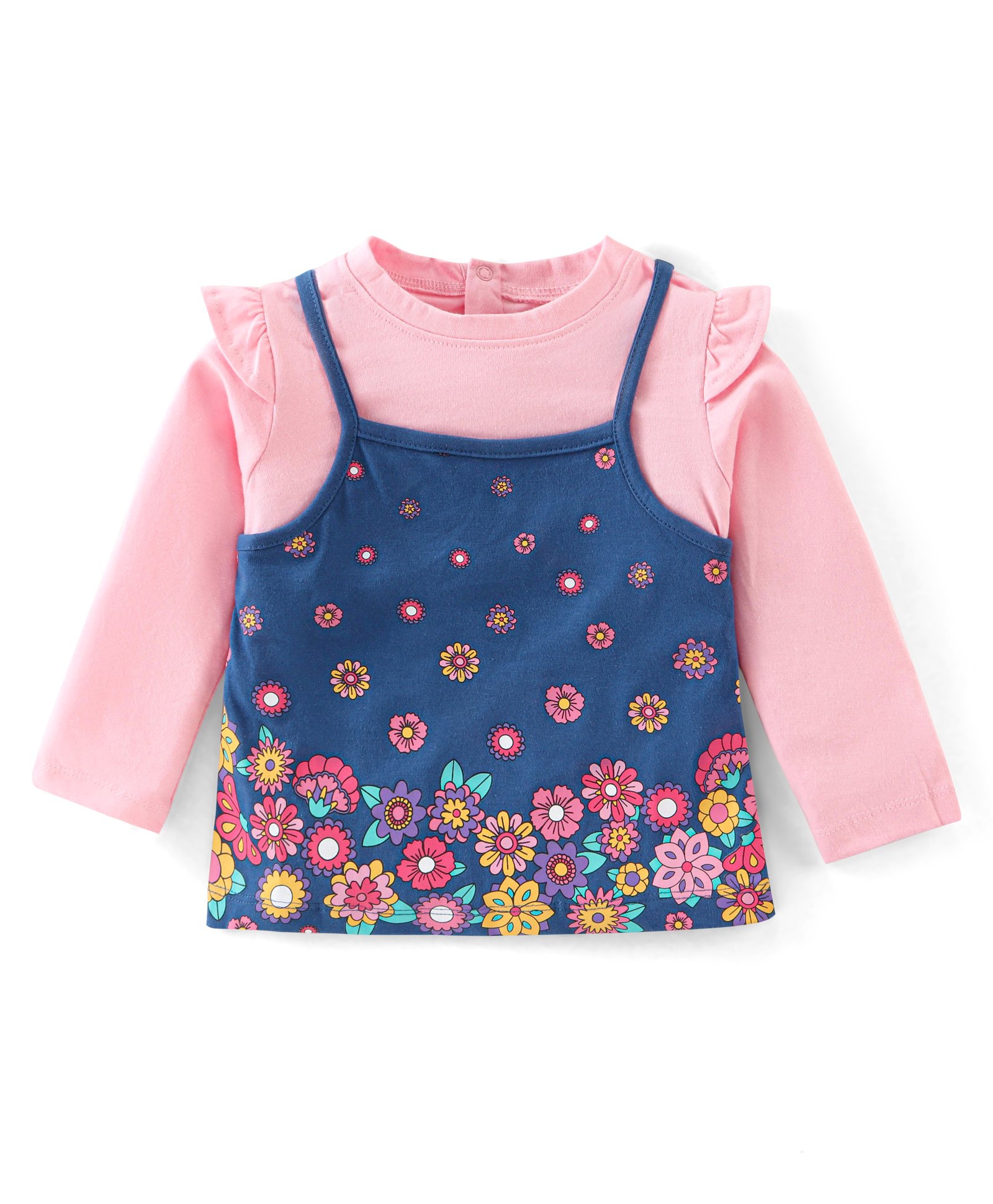 Babyhug Cotton Knit Full Sleeves Top with Floral Print & Frill Detailing - Pink & Blue-image-32
