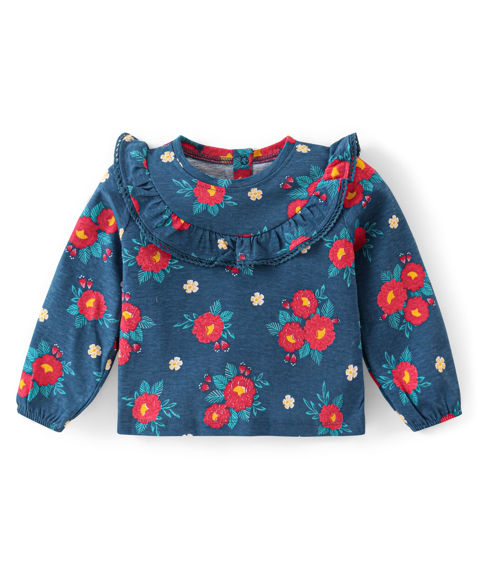Babyhug Cotton Knit Full Sleeves Top with Floral Print & Frill Detailing - Blue-picture-35