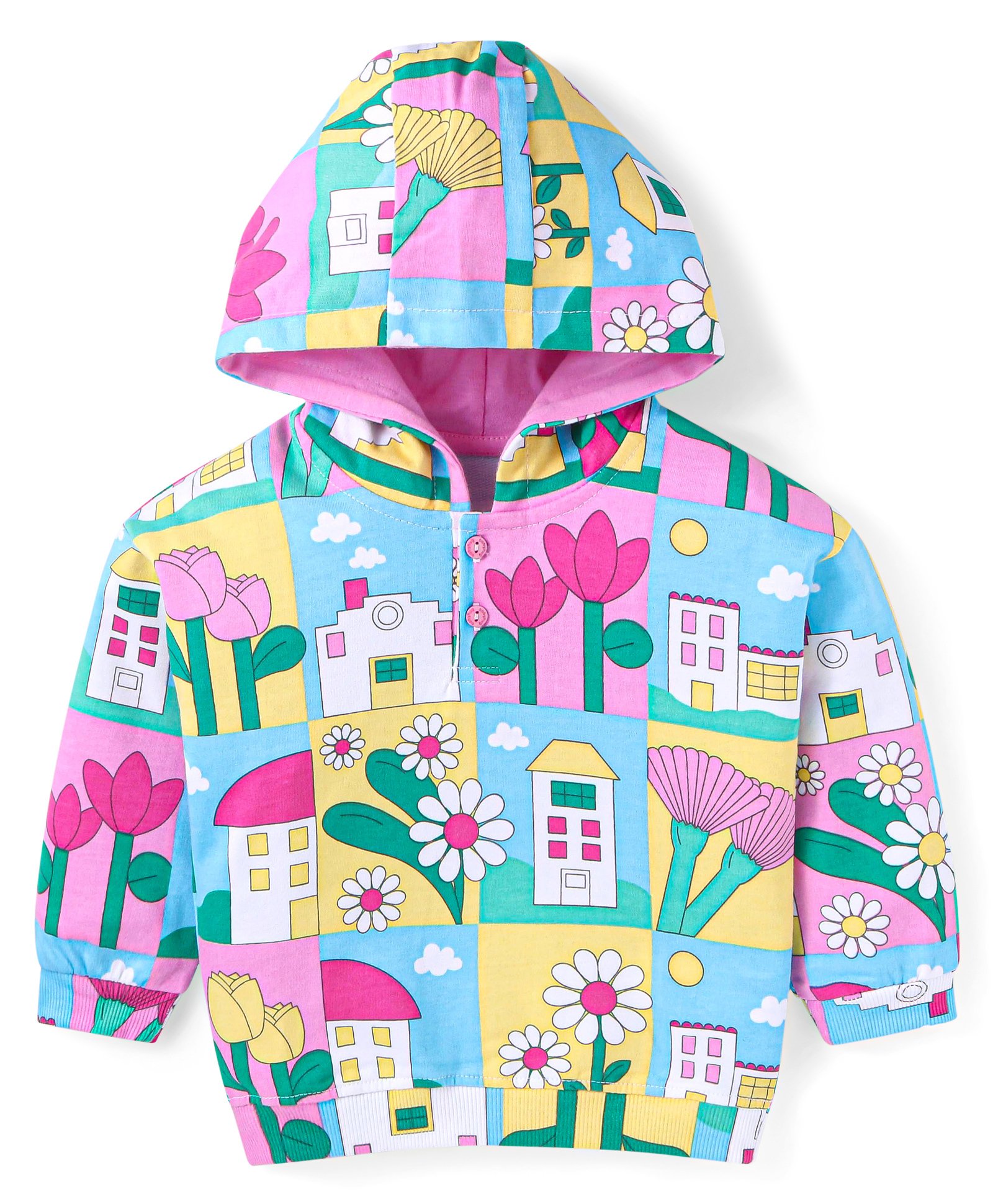 Babyhug Cotton Knit Full Sleeves Hooded Sweatshirt with Floral Print - Pink Blue & Yellow