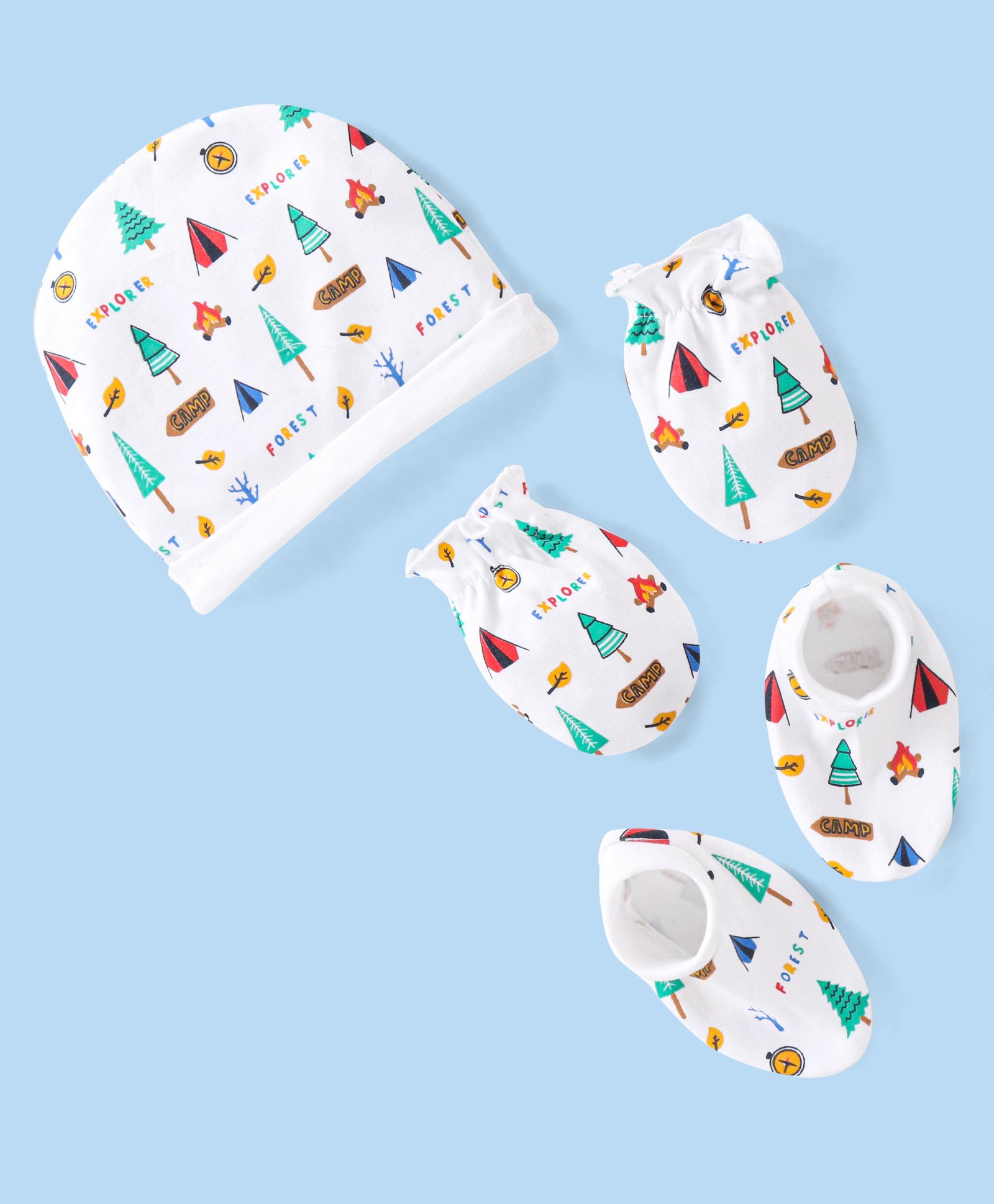 Babyhug Cotton Cap Mittens & Booties with Forest Print - White-image-33