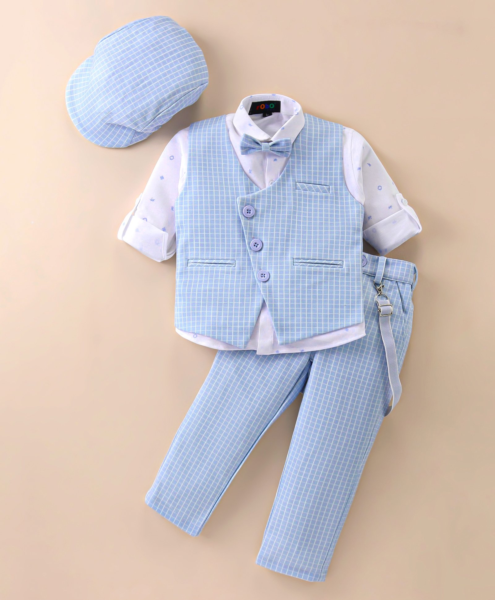 Robo Fry Lycra Knit Full Sleeves Printed 3 Piece Party Suit with Bow Hat & Suspender- Sky Blue-image-47