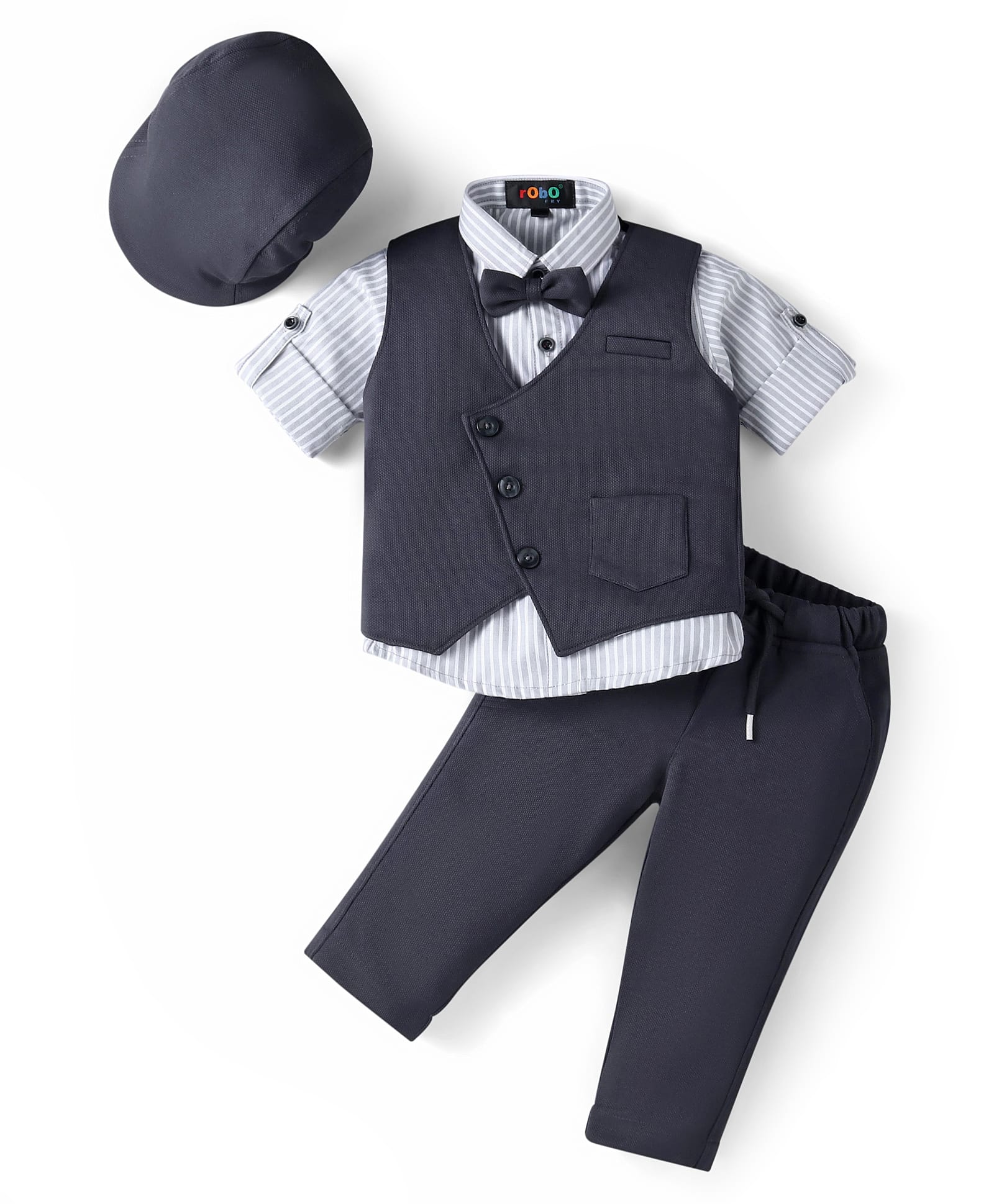Robo Fry Lycra Knit Full Sleeves Striped 3 Piece Party Suit With Bow & Hat - Charcoal Grey-picture-23