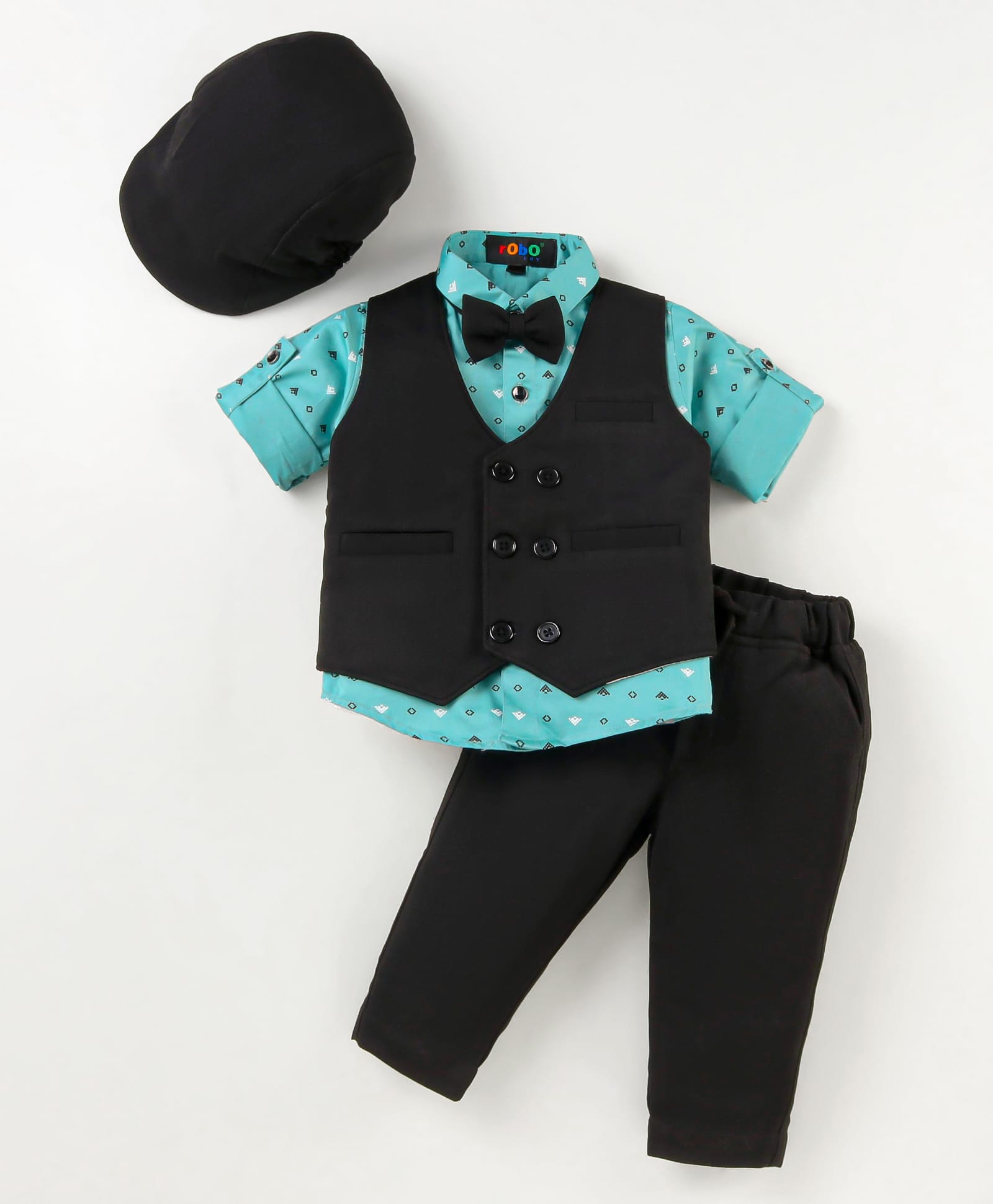 Robo Fry Lycra KnitHalf Sleeves Printed 3 Piece Party Suit with Cap & Bow - Black-picture-23