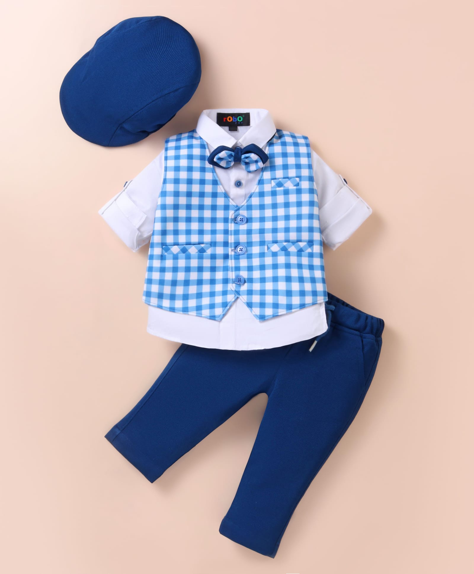 Robo Fry Lycra Knit Full Sleeves Checkered 3 Piece Party Suit With Bow & Hat - Navy Blue-picture-19