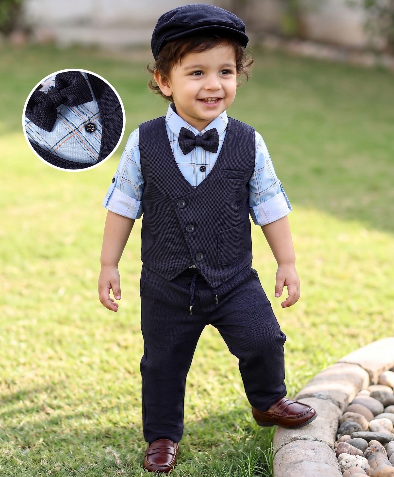 Robo Fry Lycra Knit Full Sleeves Checkered Party Suits with Bow & Hat - Light Blue-image-48