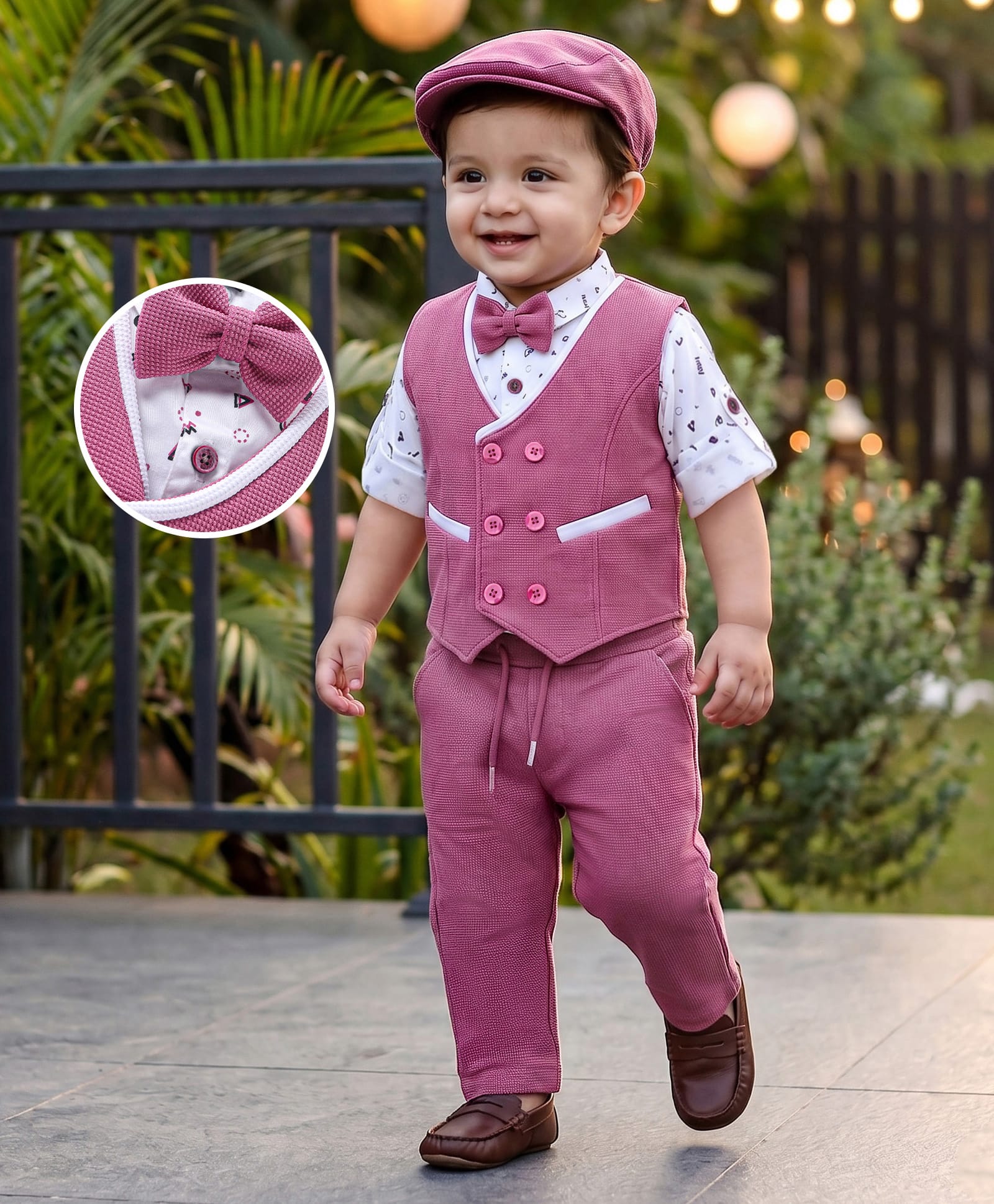 Robo Fry Lycra Knit Full Sleeves Printed Full Sleeves Textured3 Piece Party Suit with Bow & Hat - Pink-picture-21