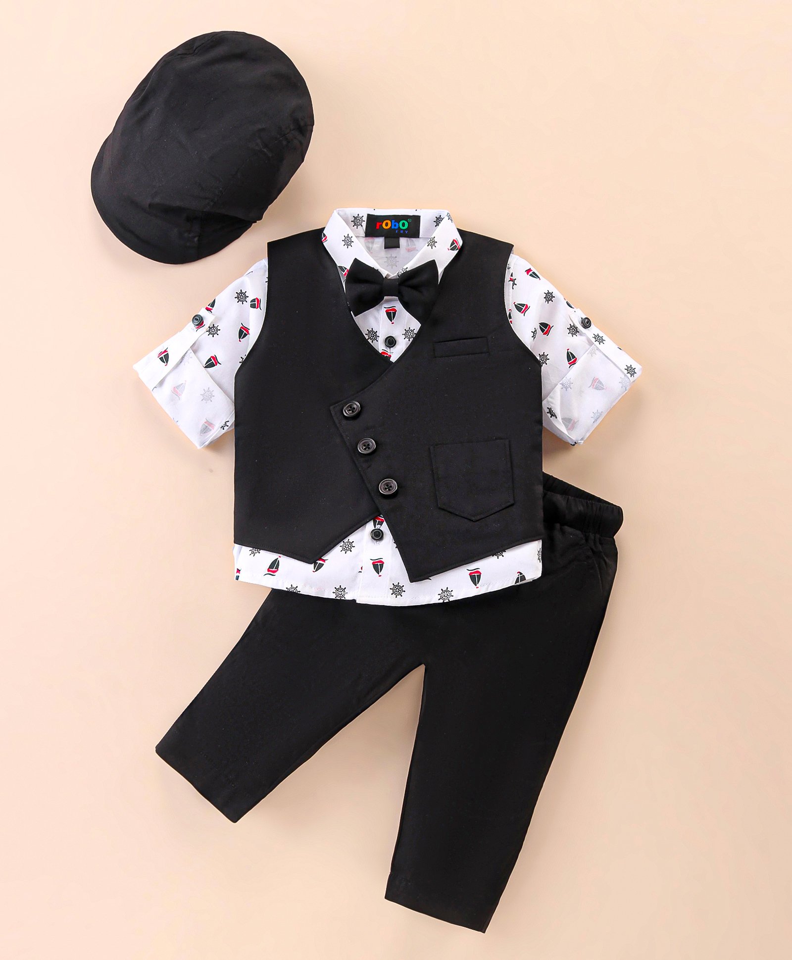Robo Fry Lycra Knit Full Sleeves Nautical Theme Printed 3 Piece Party Suit with Bow & Hat - Black-picture-14