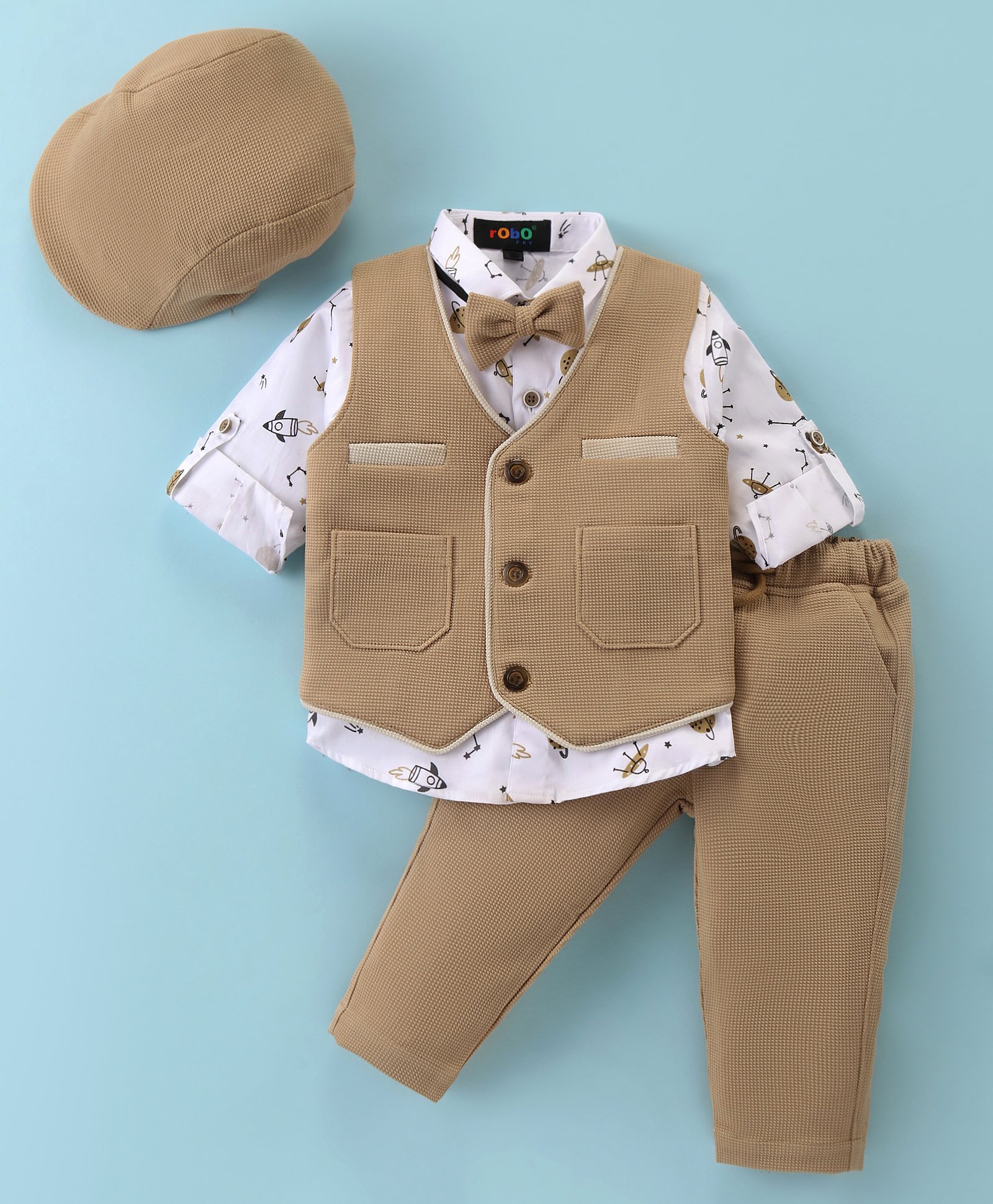 Robo Fry Lycra Knit Full Sleeves Printed 3 Piece Party Suit with Hat & Bow - Tan-image-15