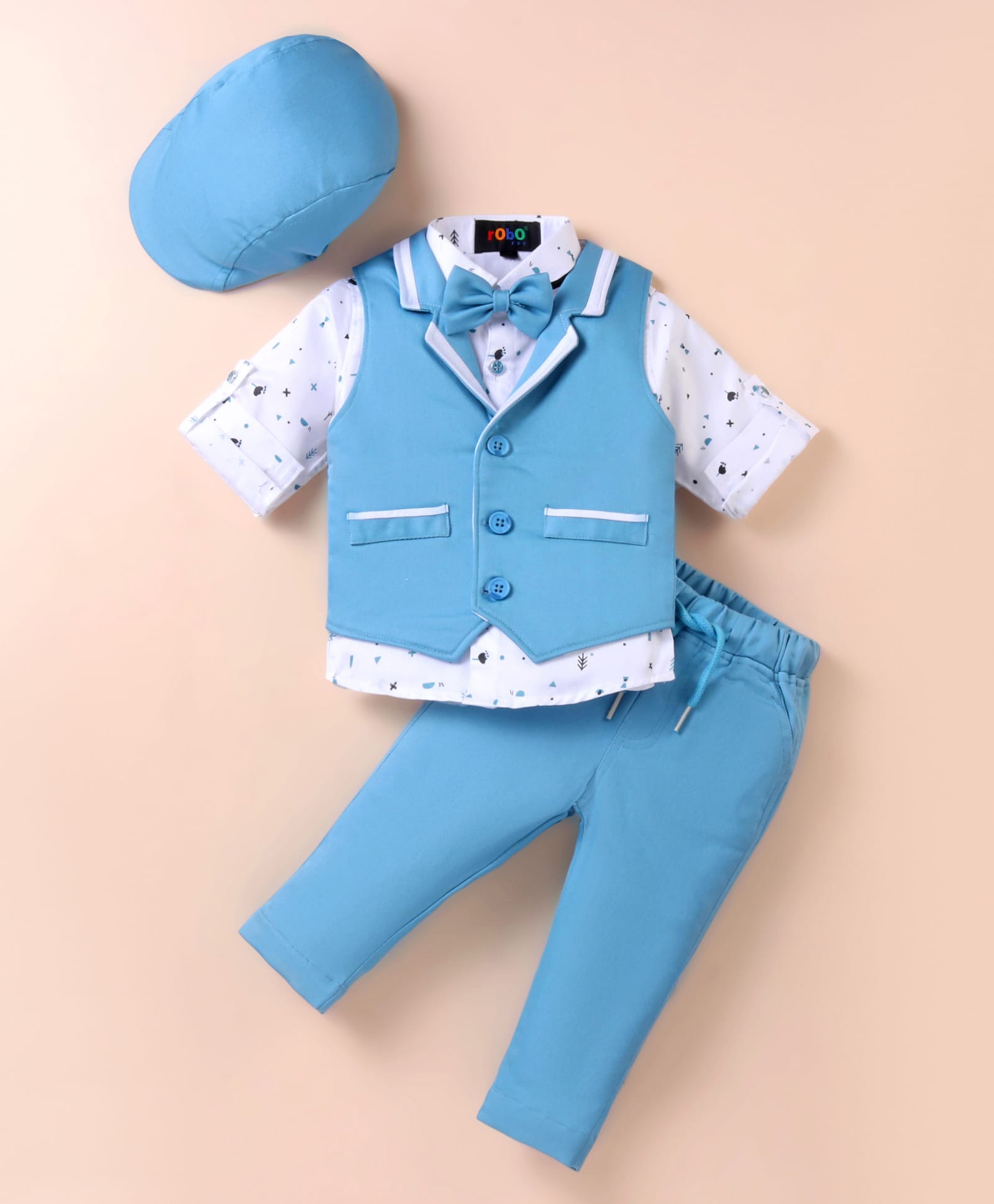 Robo Fry Lycra Knit Full Sleeves Printed 3 Piece Party Suit With Bow & Hat - Light Blue-picture-27
