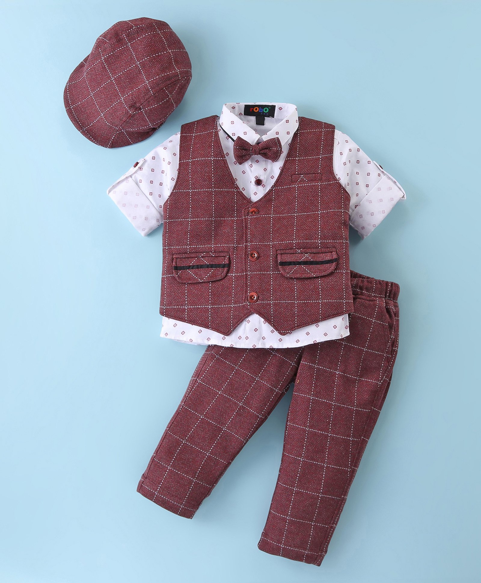 Robo Fry Lyra Knit Full Sleeves Checkered  3 Piece Party Suit with Hat & Bow  - Maroon & White-picture-15