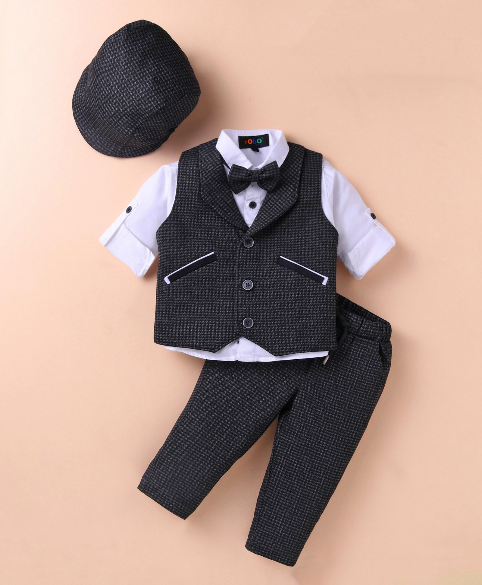Robo Fry Lycra Knit Full Sleeves Solid Colour Textured 3 Piece Party Suit Hat & Bow - Black-picture-26