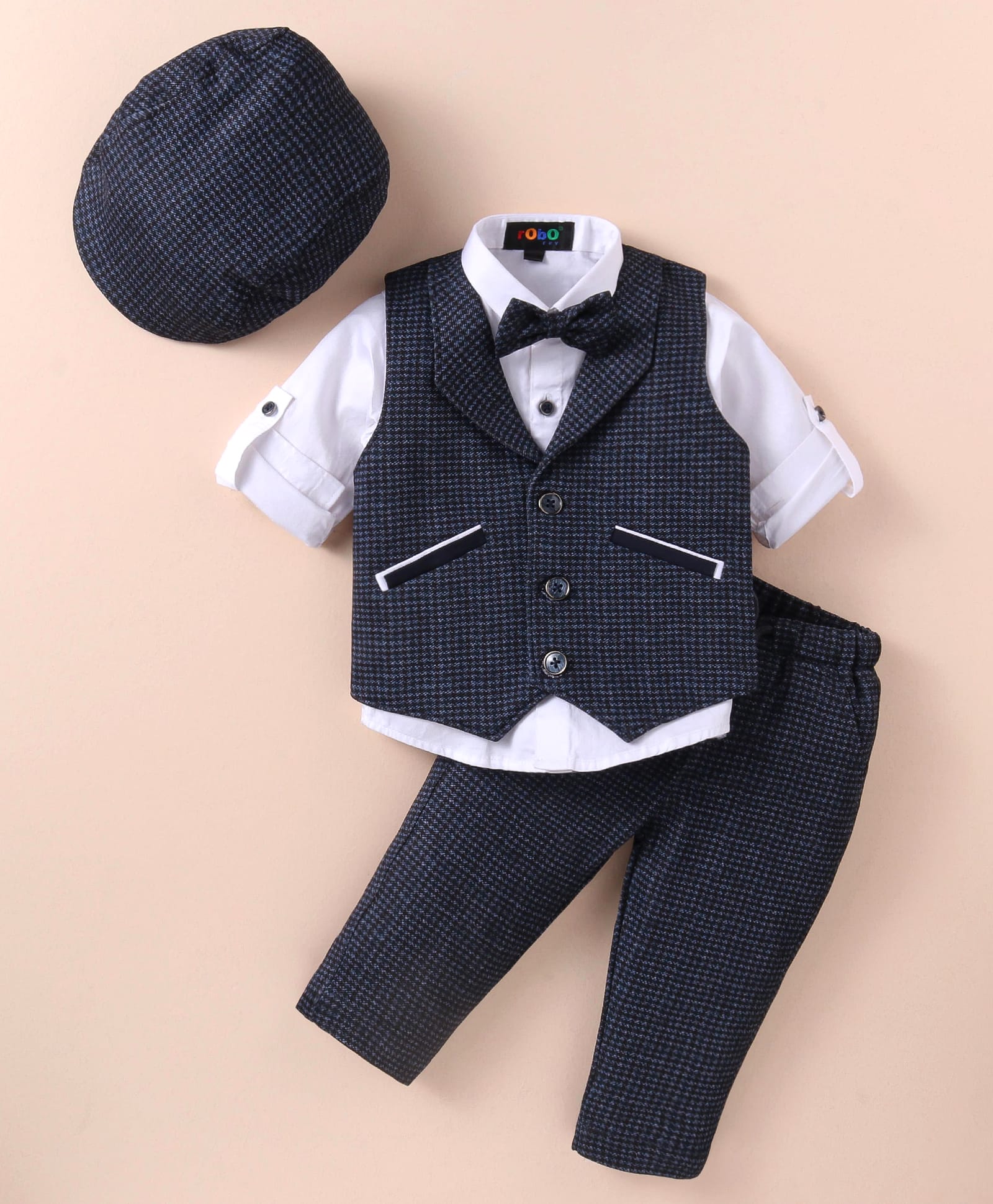 Robo Fry Lycra Knit Full Sleeves Solid Colour Textured 3 Piece Party Suit With Hat & Bow - Navy Blue-picture-16