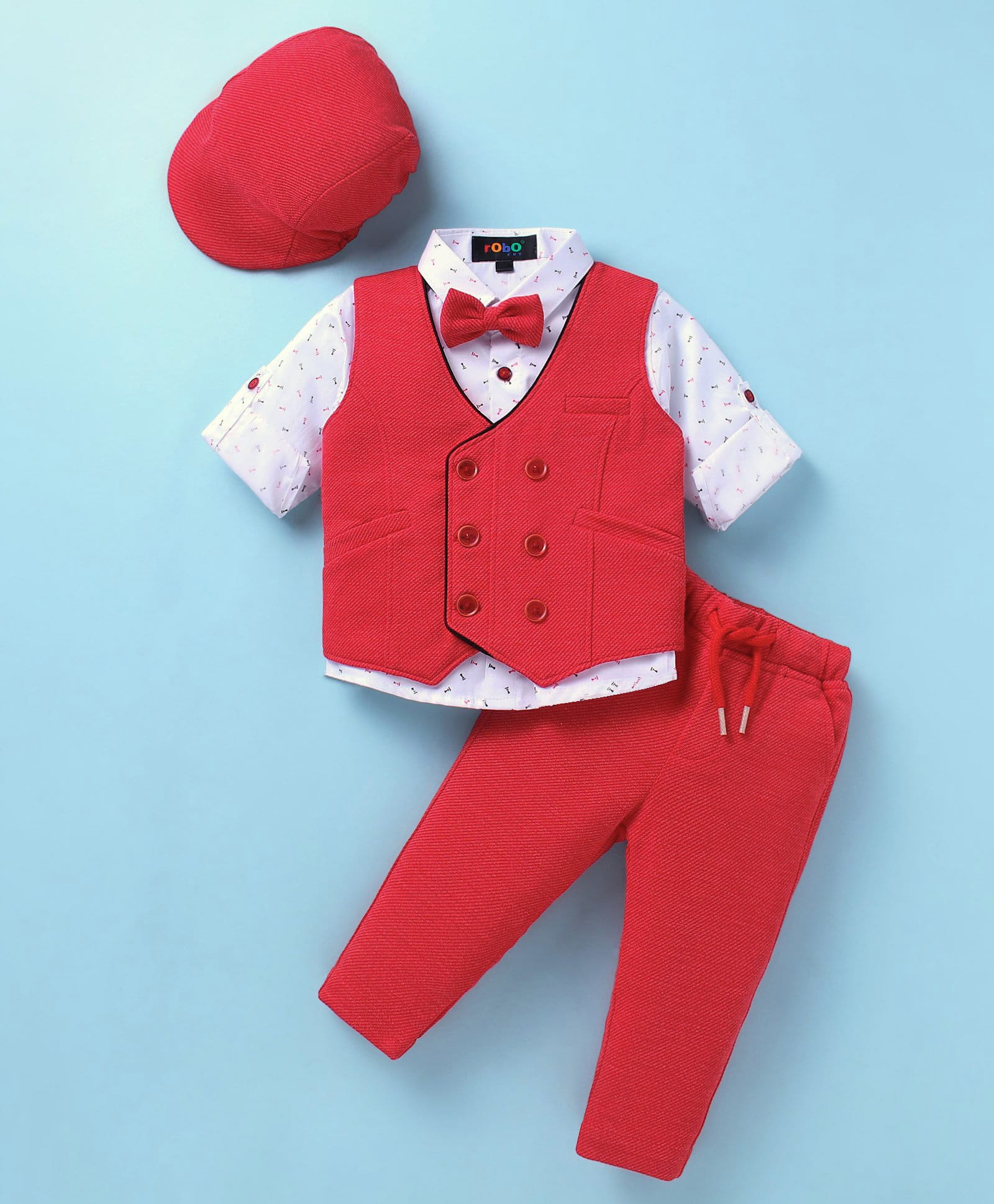 Robo Fry Lycra Knit Full Sleeves Solid Colour 3 Piece Party Suit with Hat & Bow - Red-picture-13