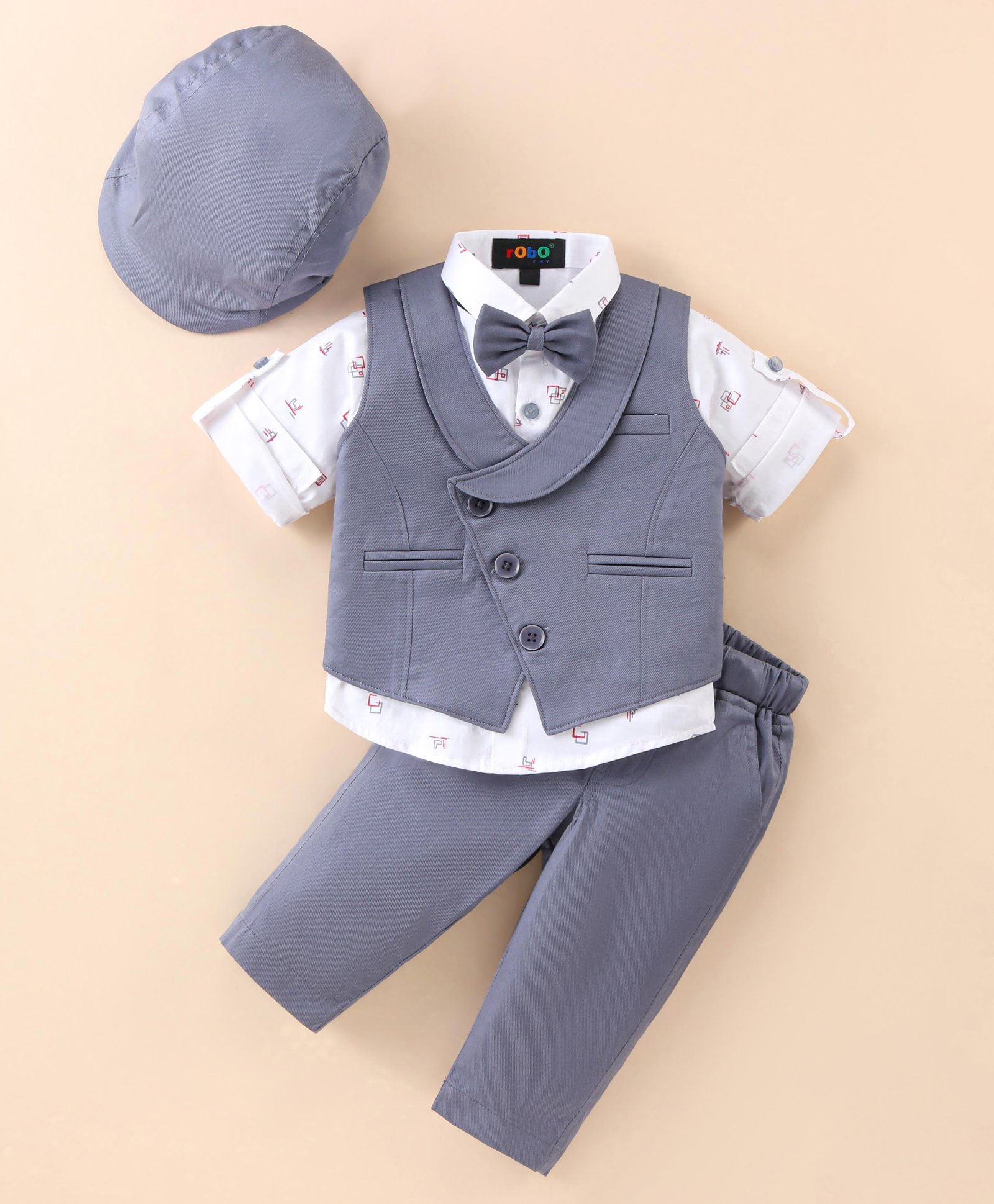 Robo Fry Lycra Knit Full Sleeves Printed 3 Piece Party Suit with Hat & Bow - Greyish Blue-picture-27