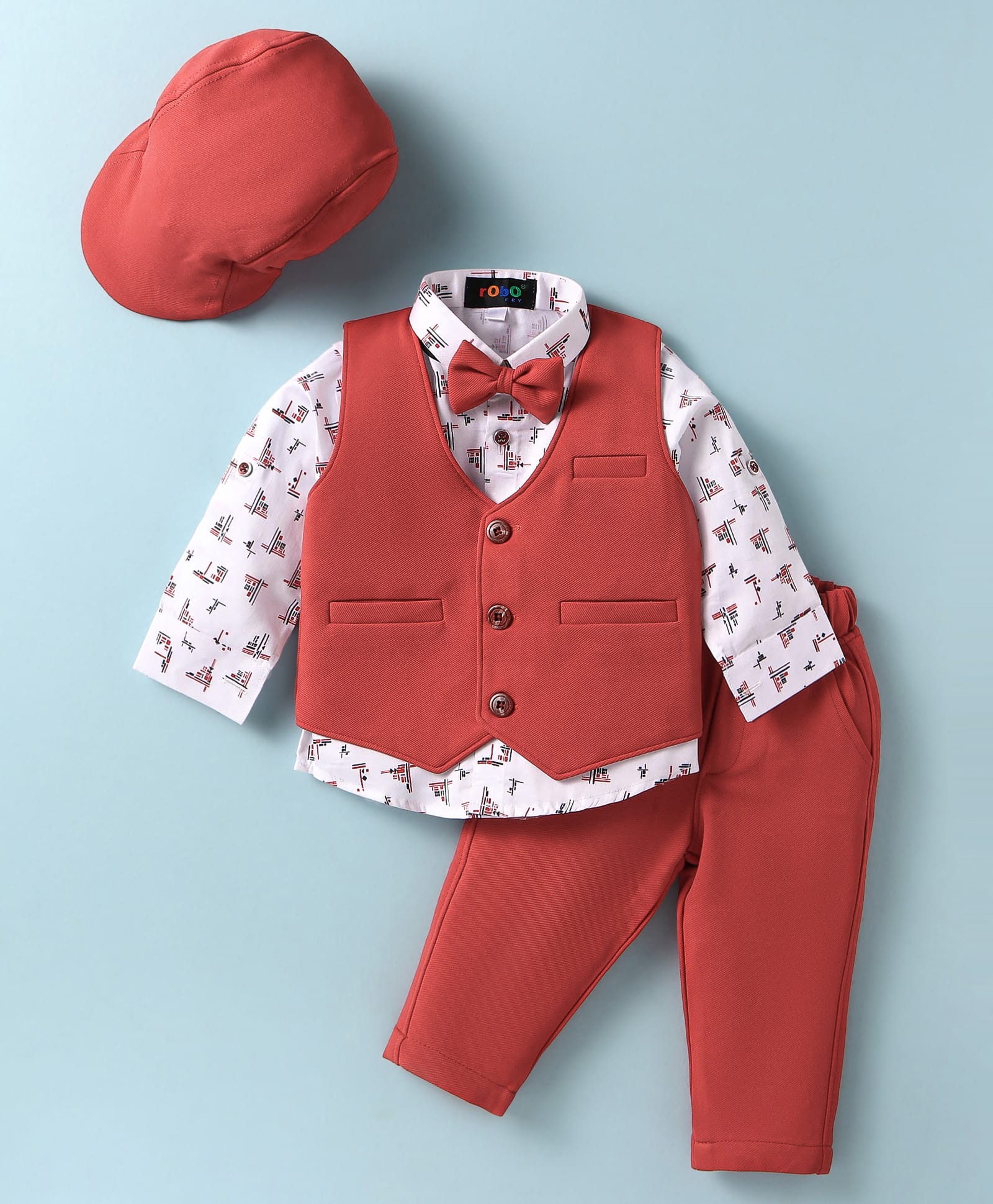 Robo Fry Lycra Knit Full Sleeves Car Printed 3 Piece Party Suit with Bow & Hat - Red-image-4