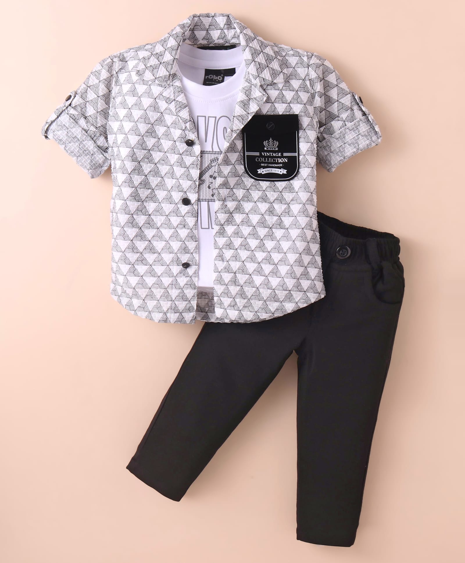 Robo Fry Lycra Knit Full Sleeves Printed Party Shirt & Trouser With Printed T-Shirt - Light Grey-picture-25