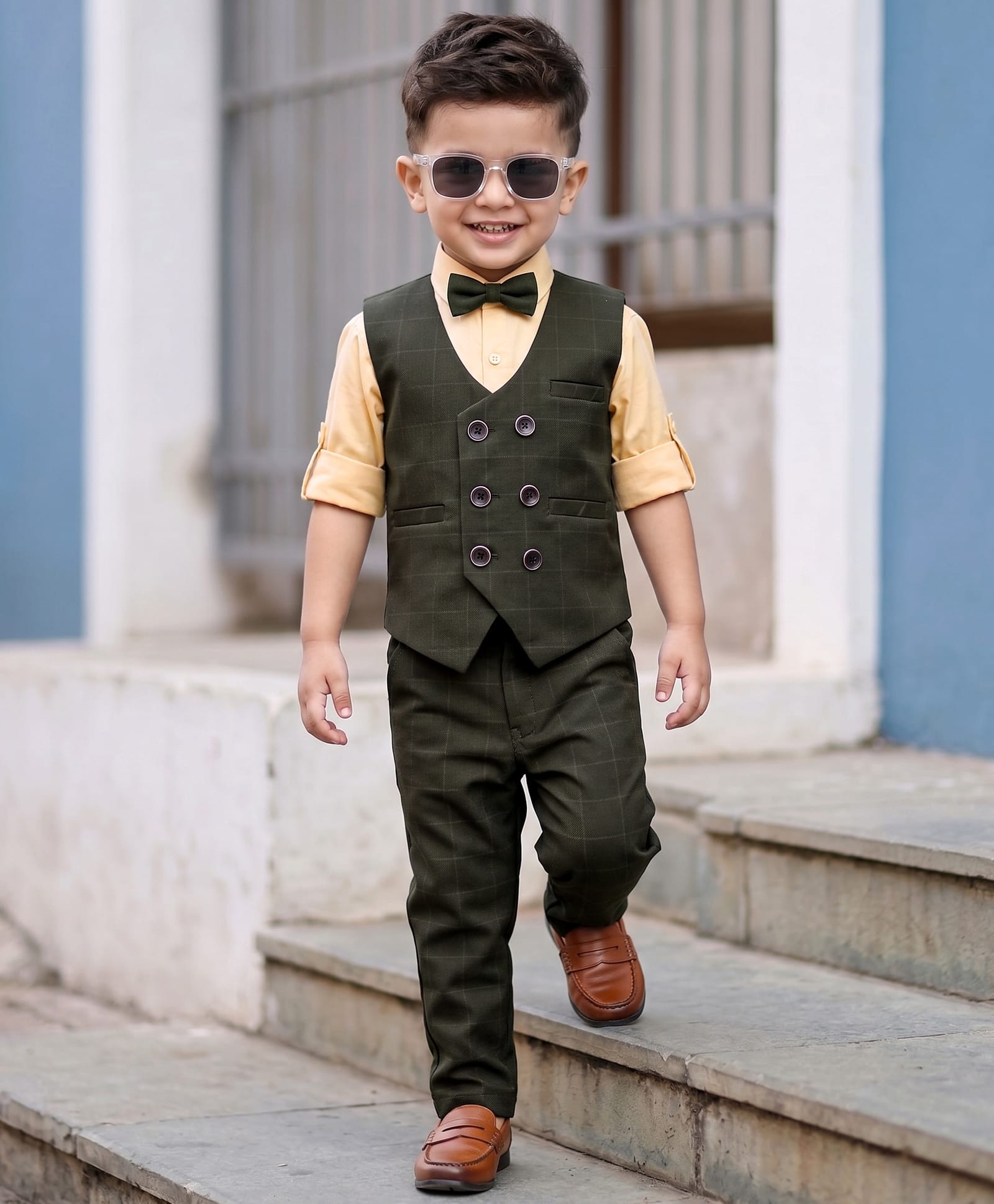 Robo Fry Lycra Knit Full Sleeves Solid Colour 3 Piece Party Suit With Bow - Dark Green-picture-22