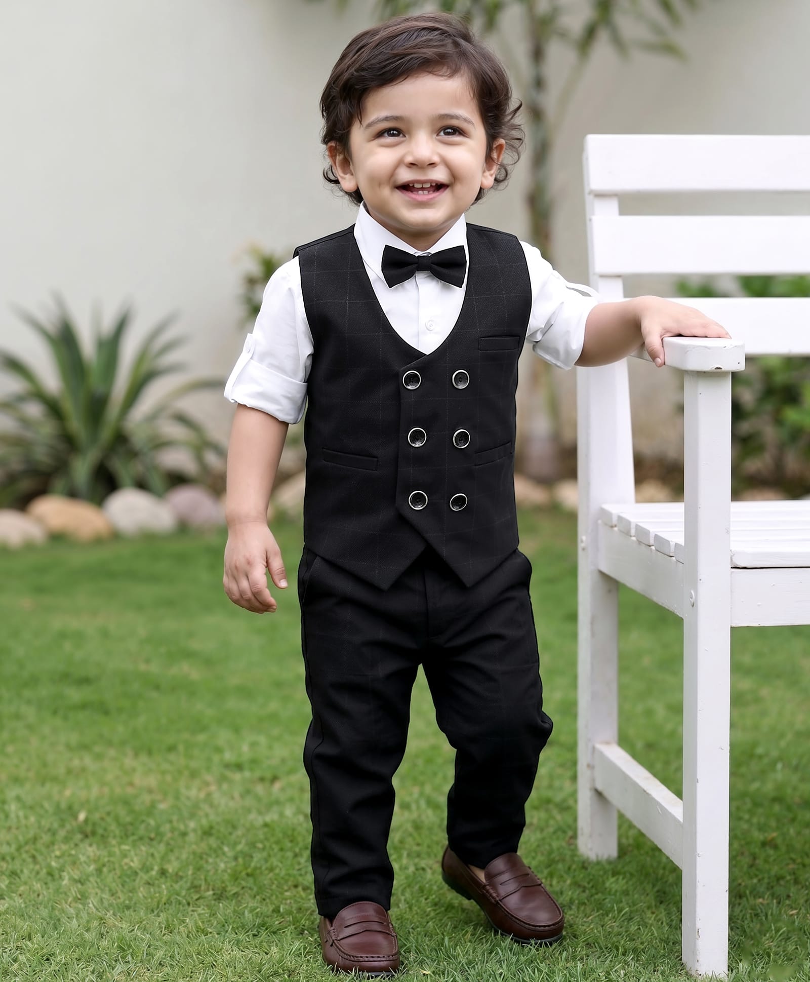 Robo Fry Lycra Knit Full Sleeves Solid Colour 3 Piece Party Suit With Bow - Black-picture-32